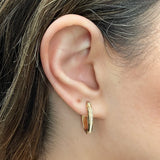 Italian 14k Yellow Gold Polished Diamond Cut & Brushed Finish Oval Hoop Earrings