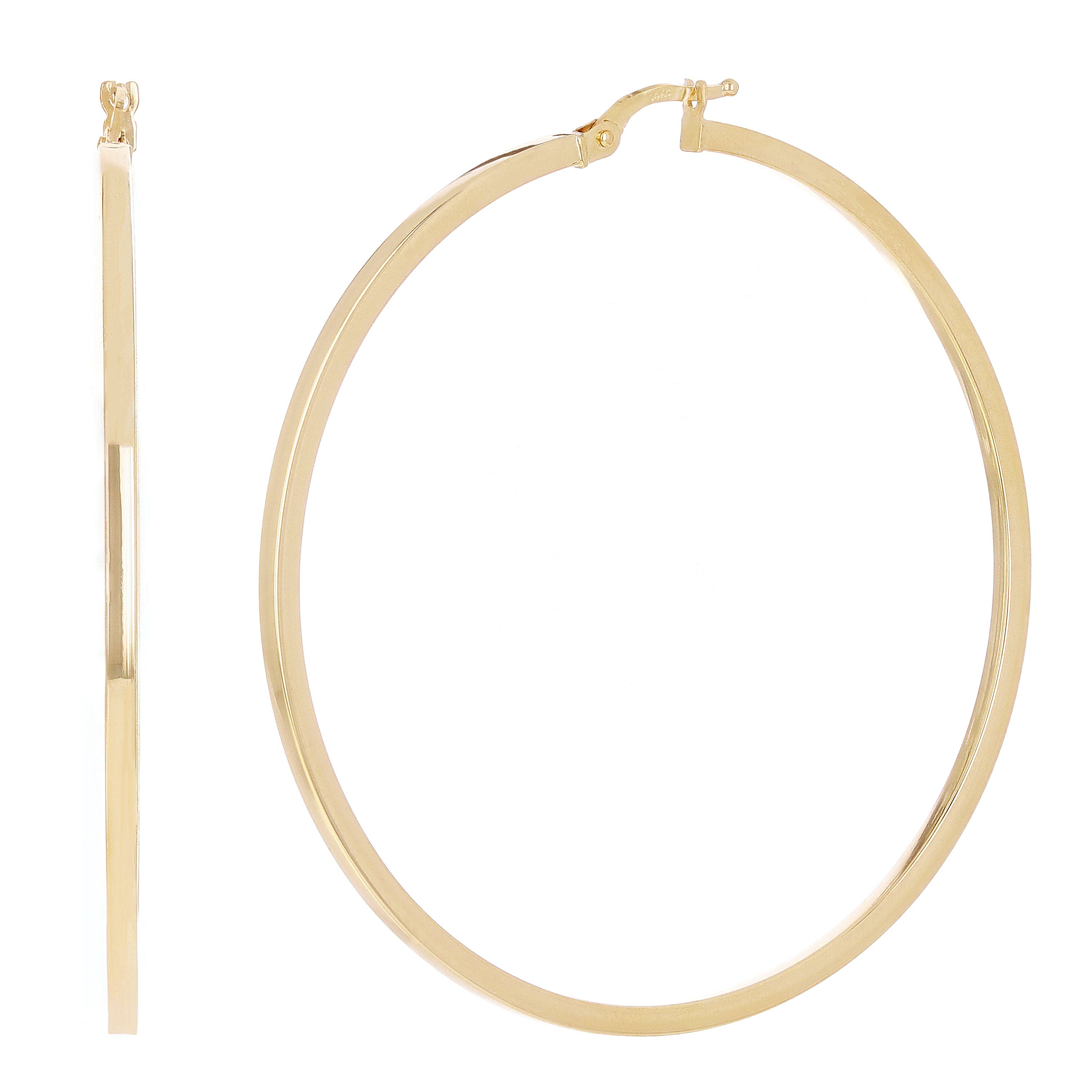 Italian 14k Yellow Gold Flat Tube Hollow Hoop Earrings 2.6" 2mm  4.4 grams
