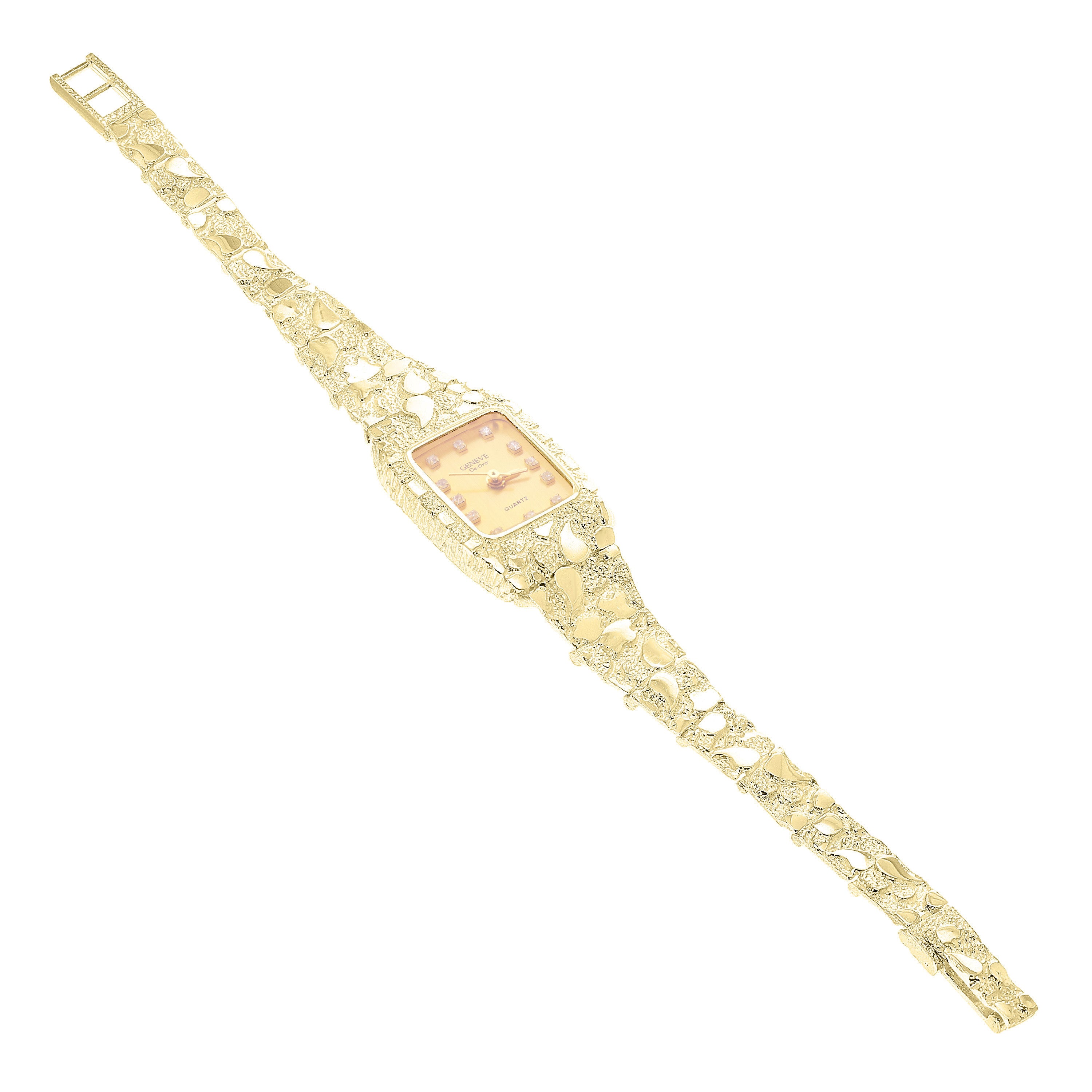 Women's 10k Yellow Gold Nugget Band Wrist Watch Geneve with Diamonds 7-7.5" 26g - Gold Faceplate 7.5" 26 grams