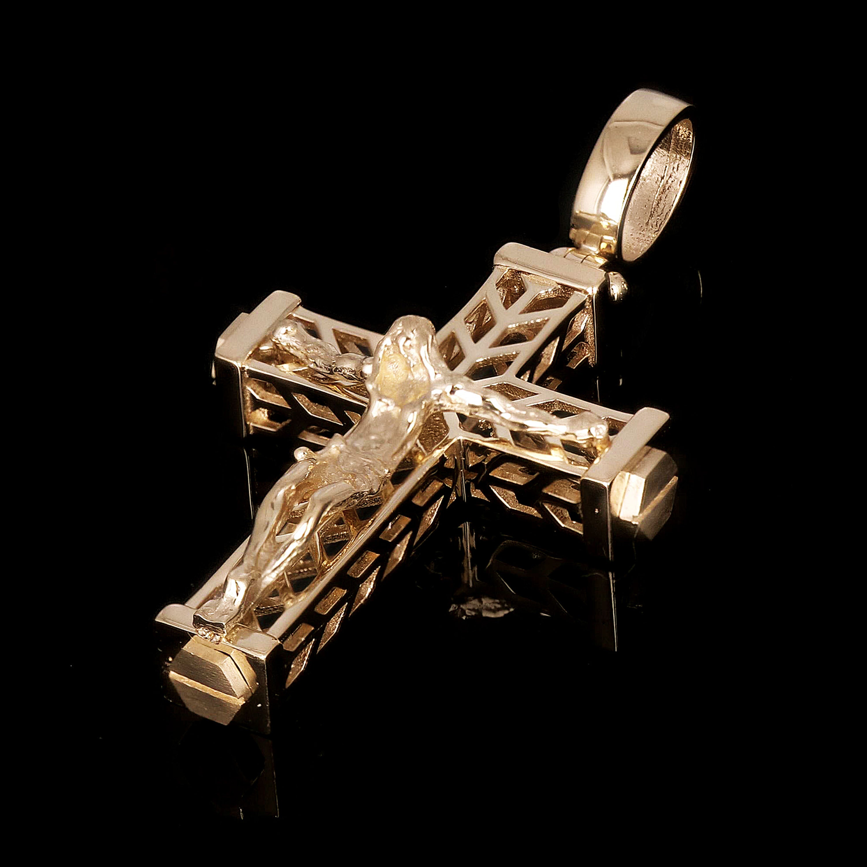 Italian 14k Yellow Gold 3D Double Sided Crucifix Cross Charm Pendant 1.7" 6grams