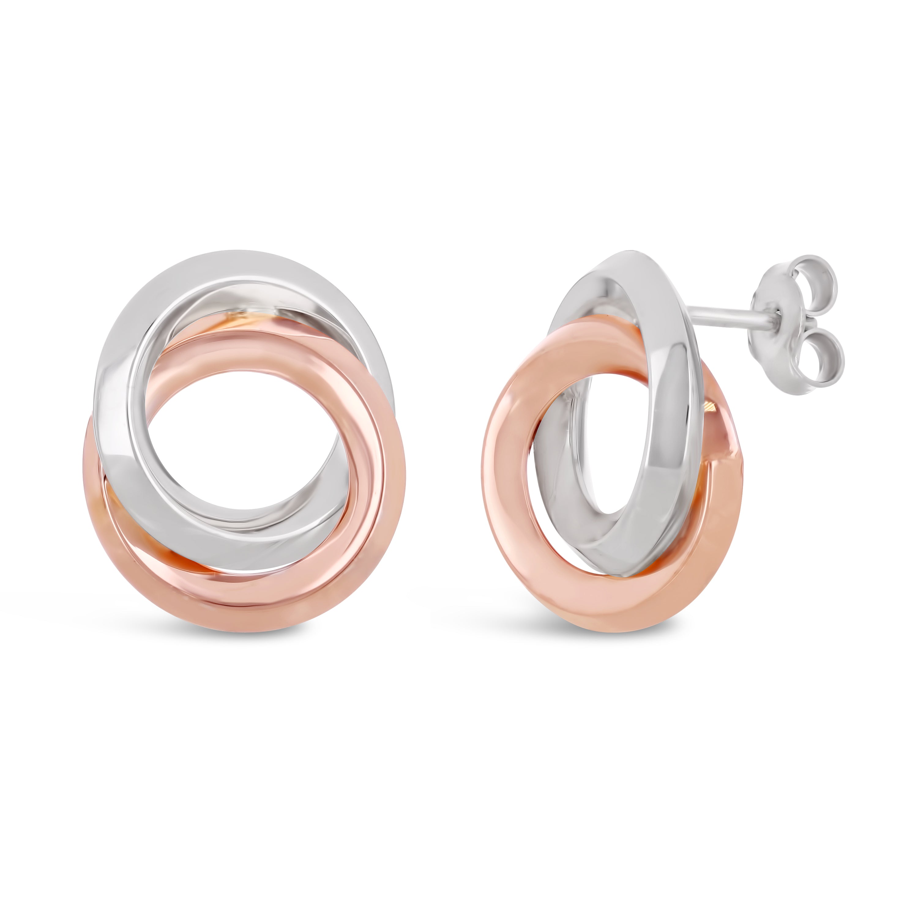 Italian 14k White & Rose Gold Tubular Entwined Eternity Circle Stud Earrings