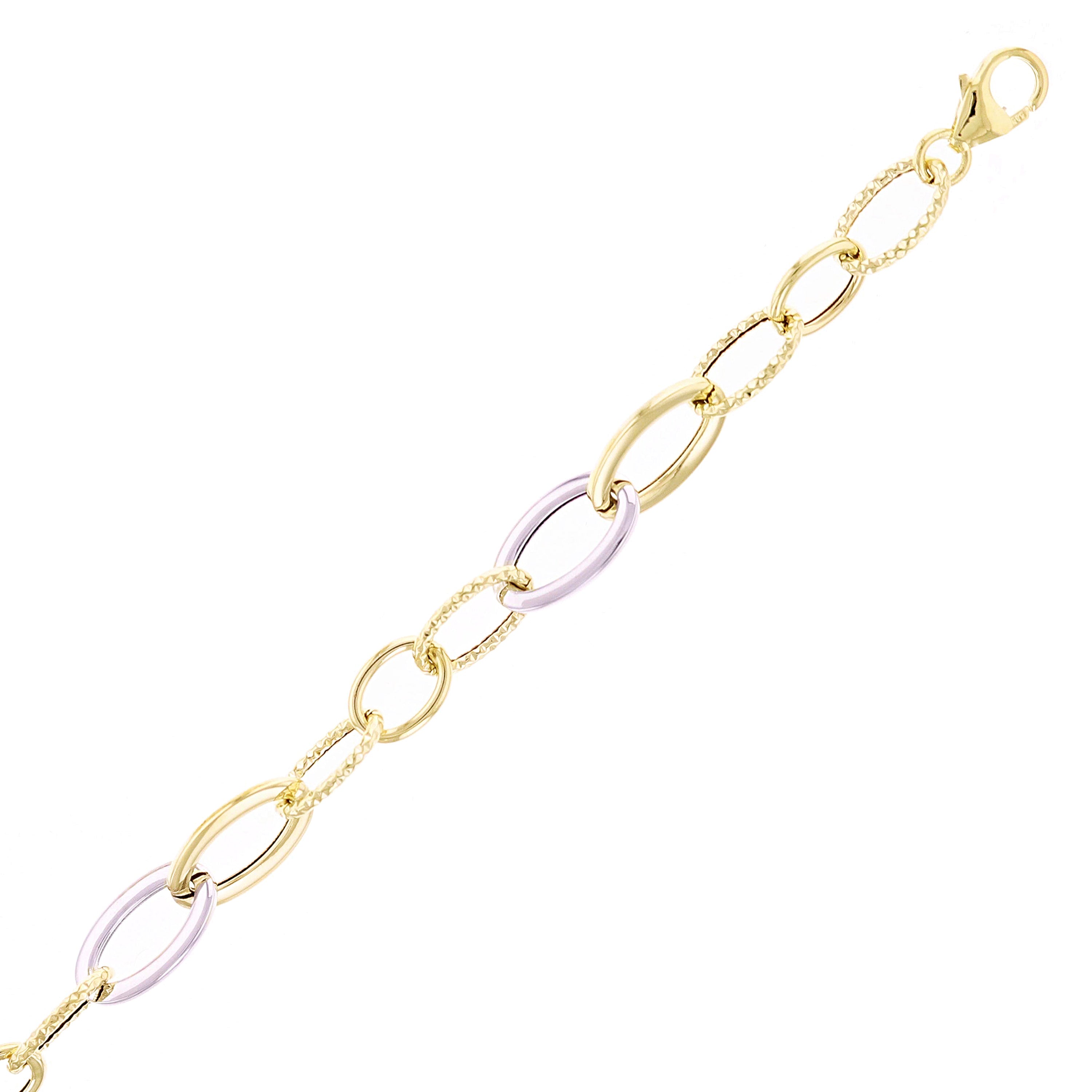 Italian 14k Yellow & White Gold Hollow Plain & Rope Oval Link Bracelet 7.25" 7mm 2.2g