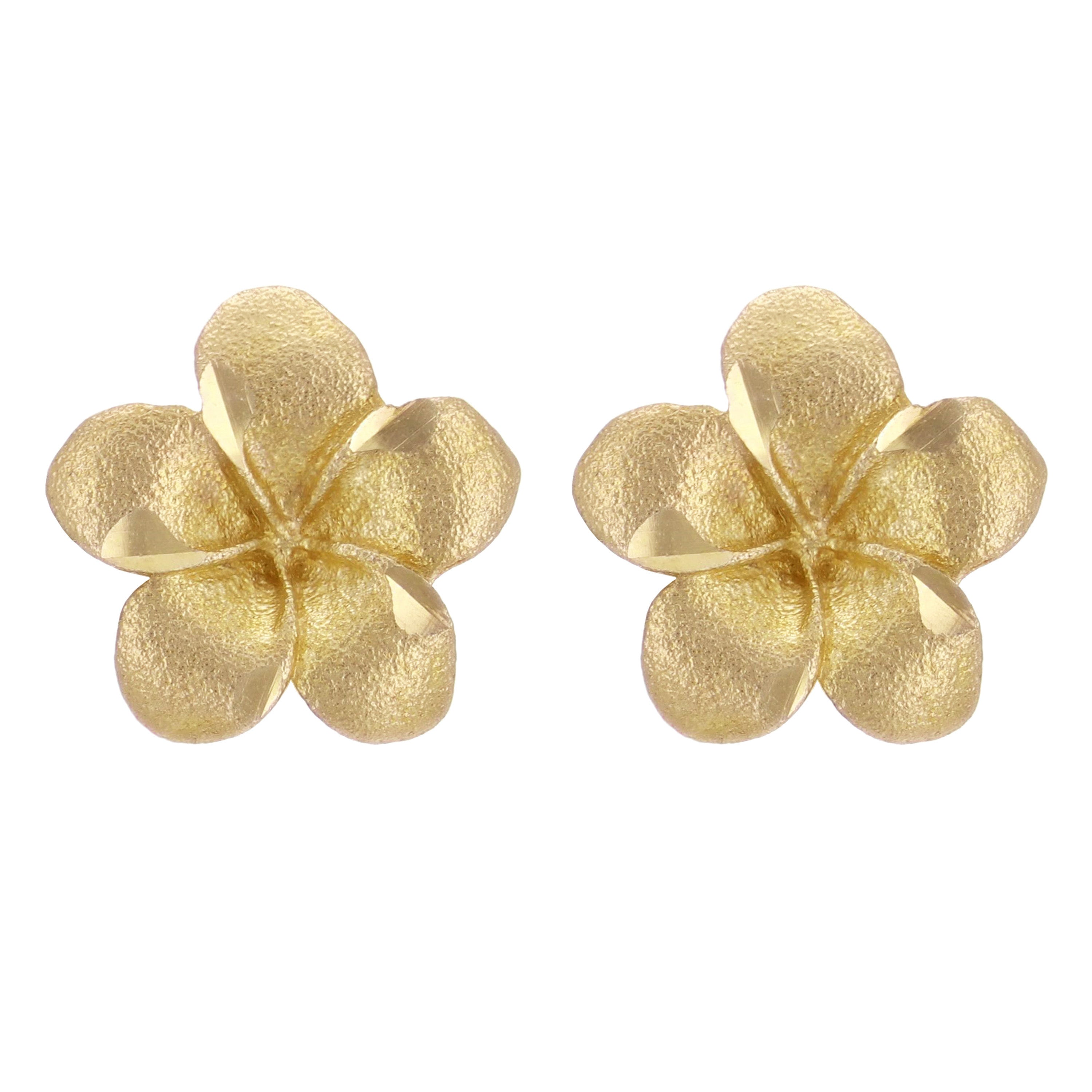 14k Yellow Gold Hawaiian Plumeria Flower Stud Earrings - Yellow