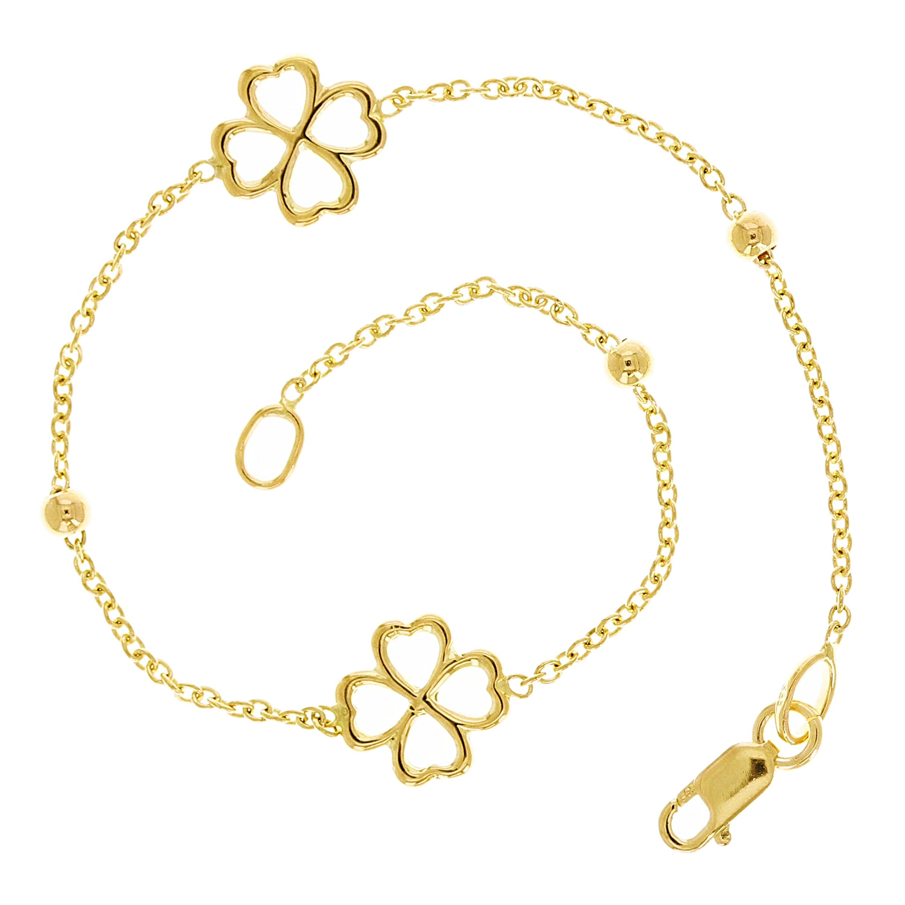 Italian 14k Yellow Gold Flower Lucky Four Leaf Clover Charm Bracelet 7" 2.3grams