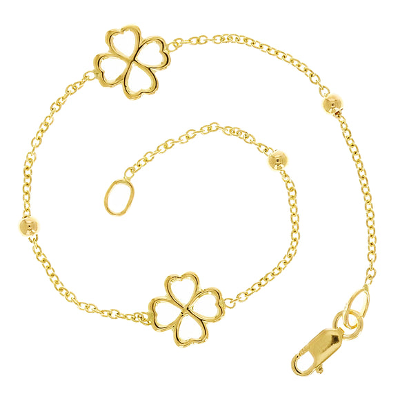 Italian 14k Yellow Gold Flower Lucky Four Leaf Clover Charm Bracelet 7