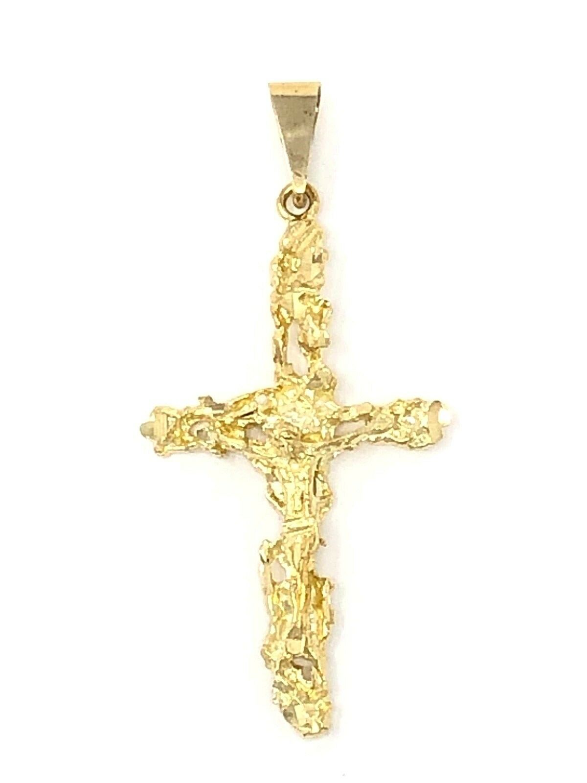 10k Yellow Gold Crucifix Nugget Cross Charm Pendant Religious 2" 4 grams