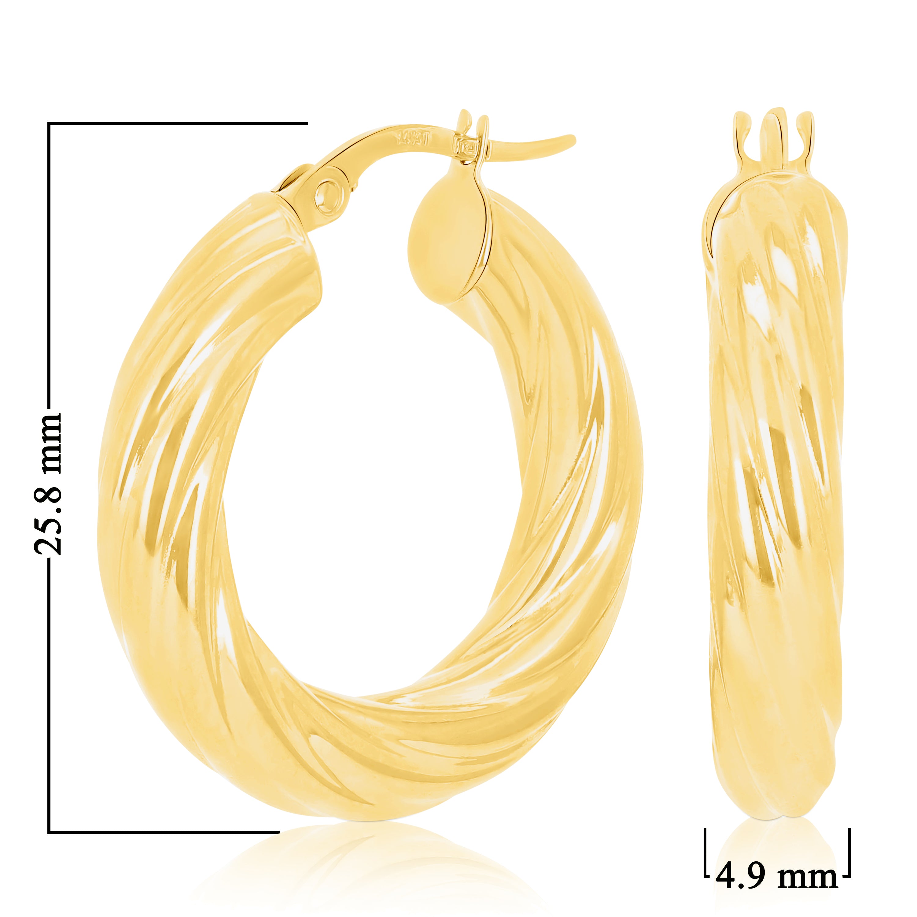 Italian 14k Yellow Gold Twisted 4.9mm 1" Diameter Round Hoop Earrings 3.5 grams