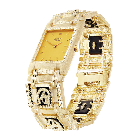 10k Yellow Gold Horse Shoe Black Onyx Bracelet Geneve Diamond Watch 7.5