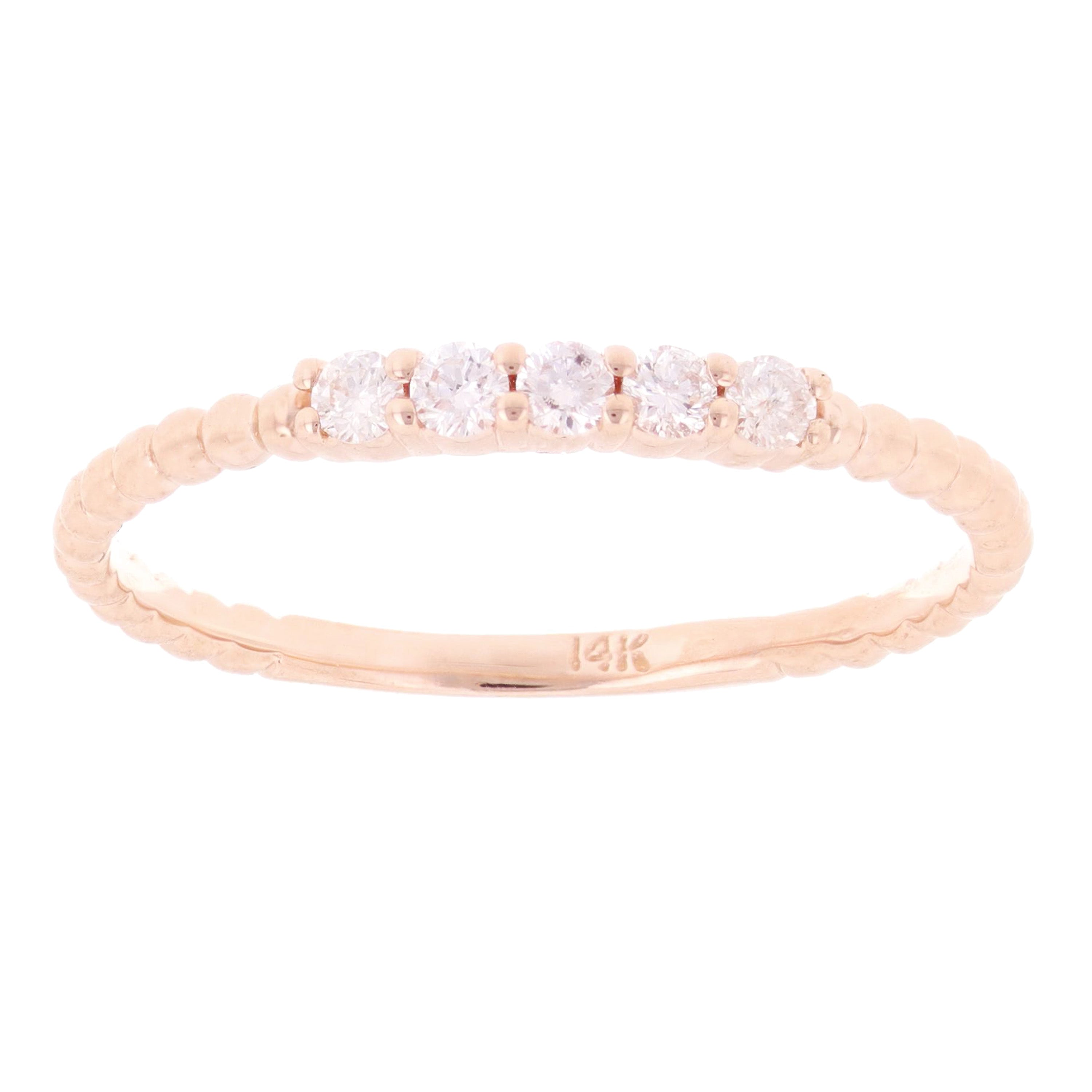 14k Rose Gold 0.15ctw Diamond 4-Stone Slim Beaded Stackable Ring Band Size 6.5 - Rose