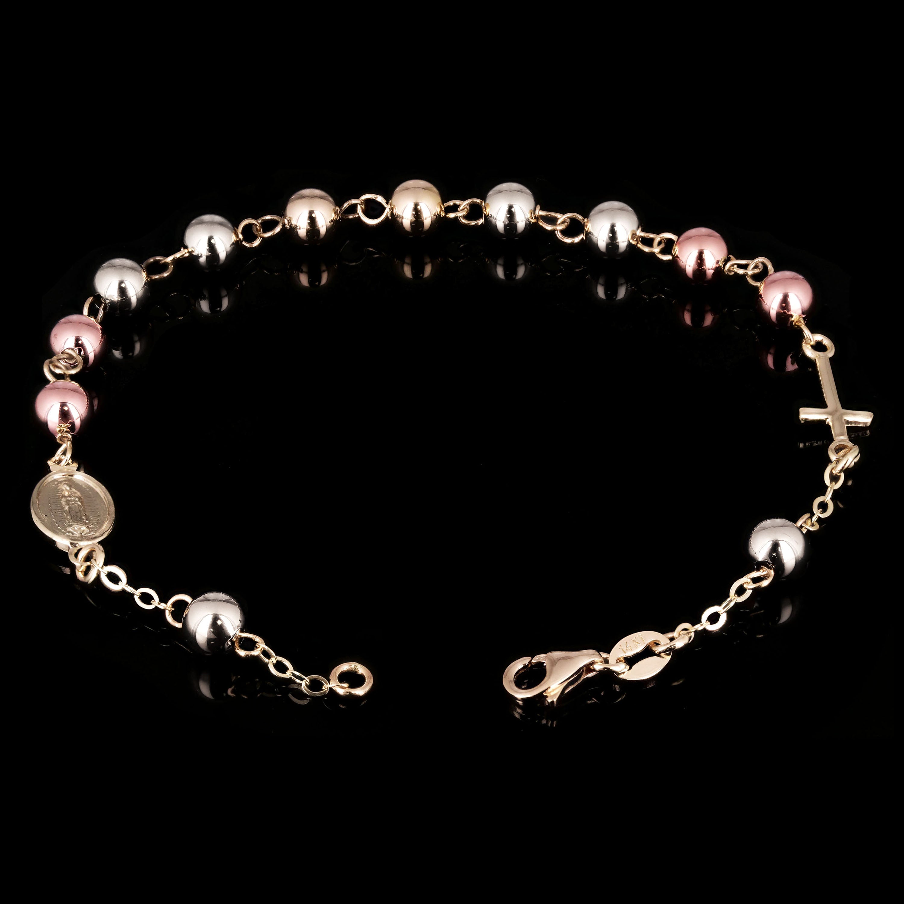 Italian 14k Tri-Color Gold Miraculous Medal Charm Rosary Bracelet 7.75" 5mm 3.4g
