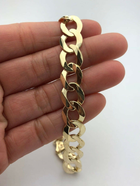 Men's 14k Solid Yellow Gold Flat Cuban Link Chain Bracelet 9.25