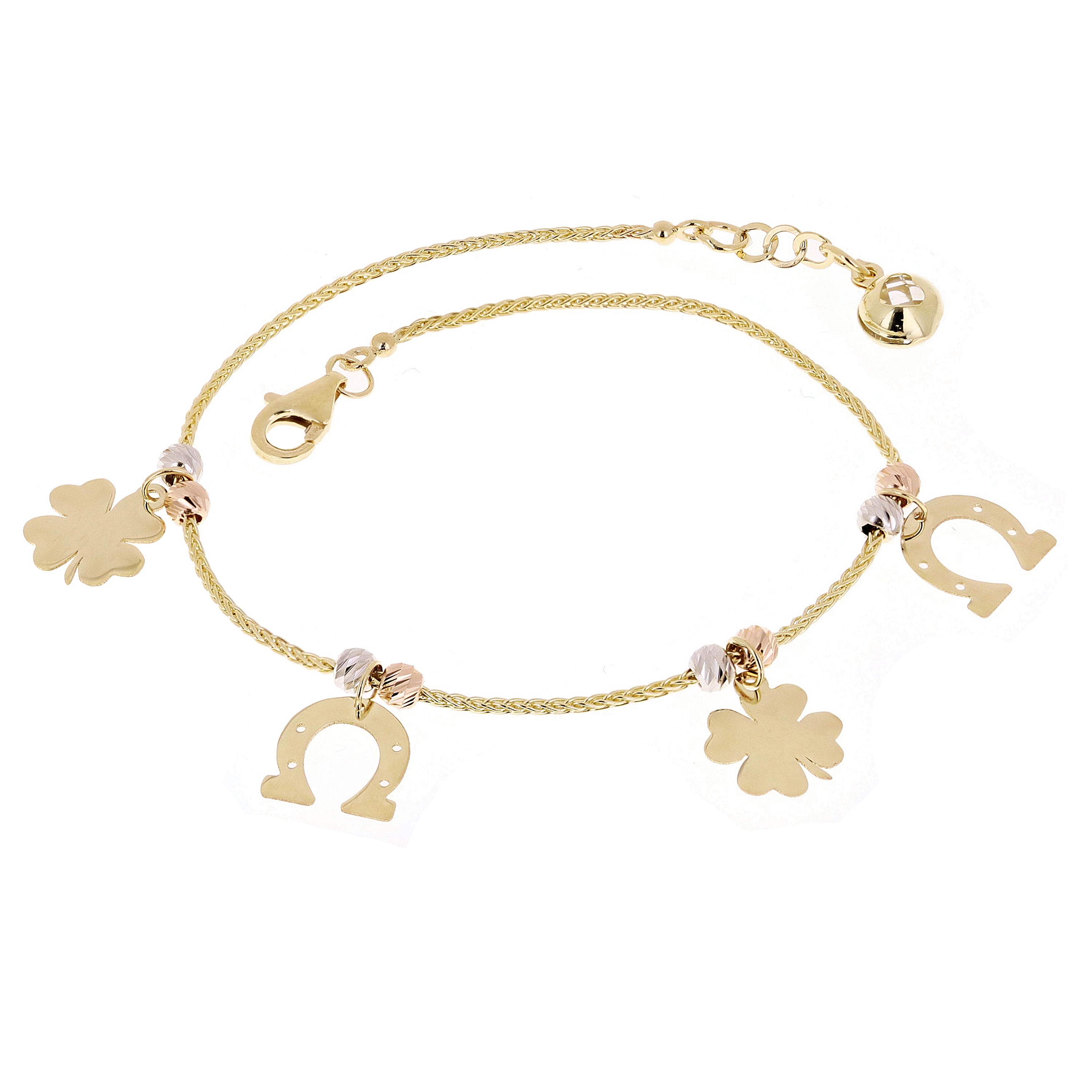 Italian 14k Tri Color Gold Four Leaf Clover & Horse Shoe Charm Bracelet 7" 3g