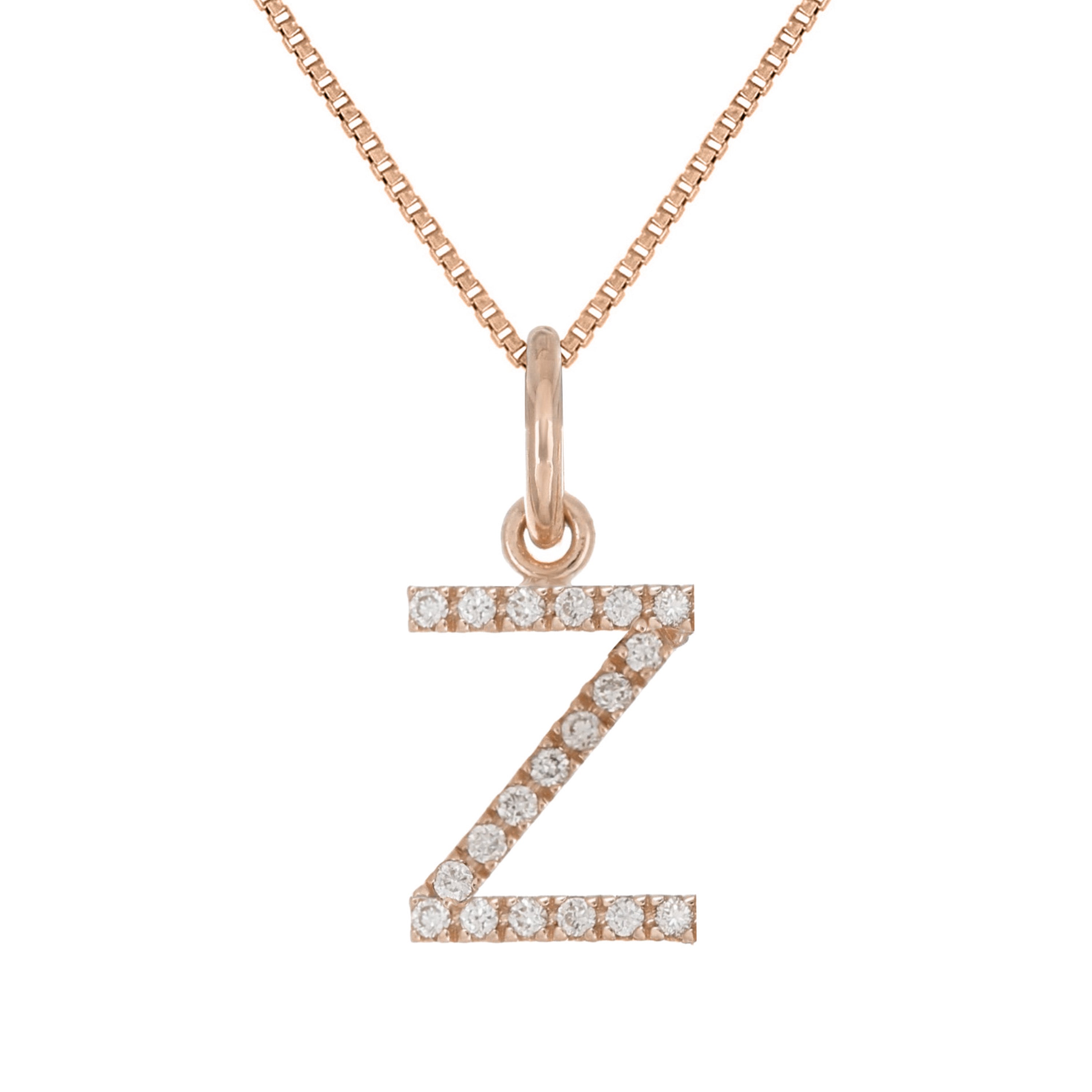 14k Rose Gold Diamond Initial Letter Z Charm Pendant Necklace 18" - Letter Z,Rose