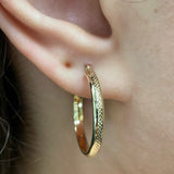 Italian 14k Yellow Gold Polished Waffle Snare Design Medium Hollow Hoop Earrings