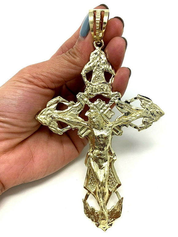 10k Yellow Gold Religious INRI Jesus Christ 3D Big Cross Pendant 5.25