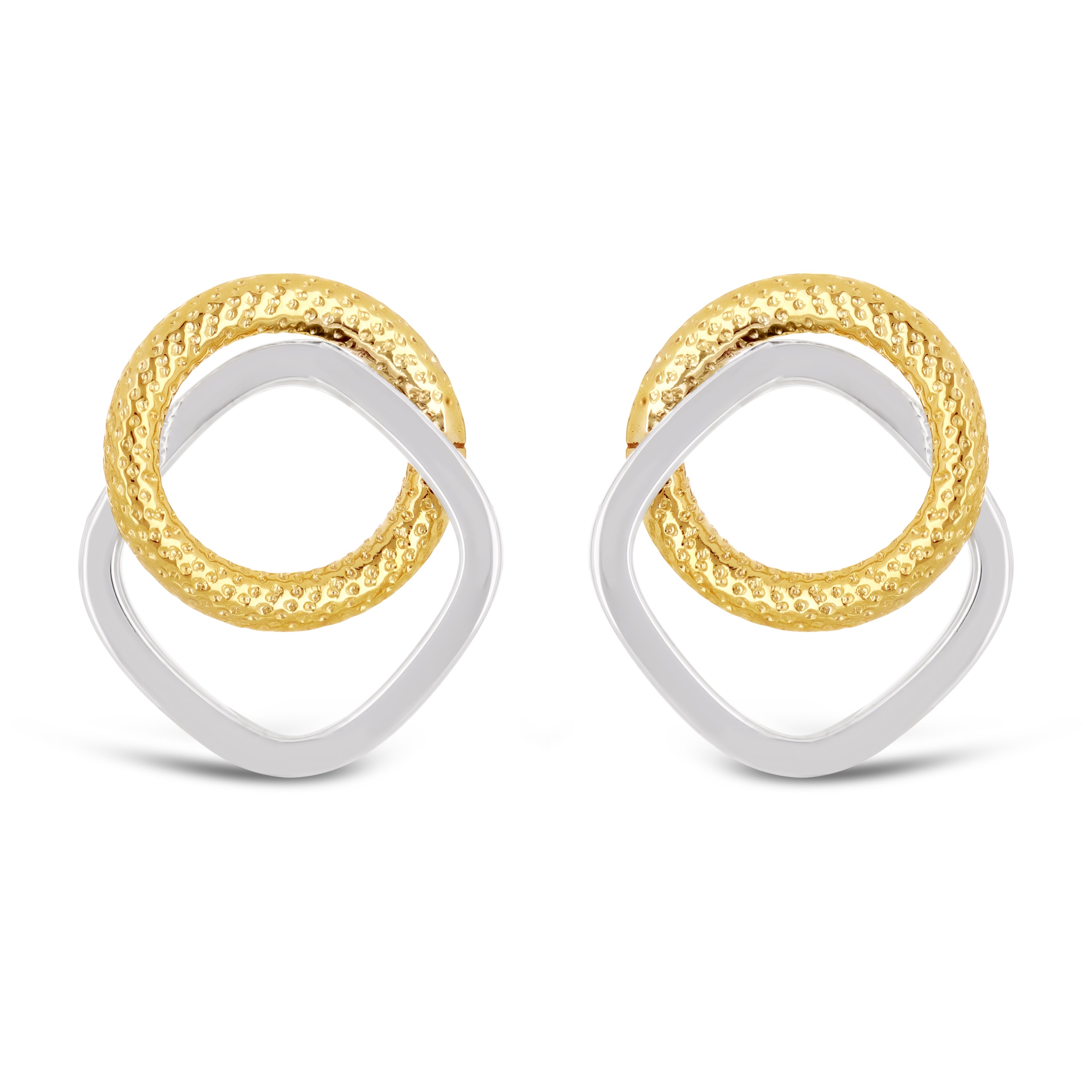 Italian 14k Yellow & White Gold Tube Eternity Circle Square Hoop Stud Earrings - Eternity Tubular