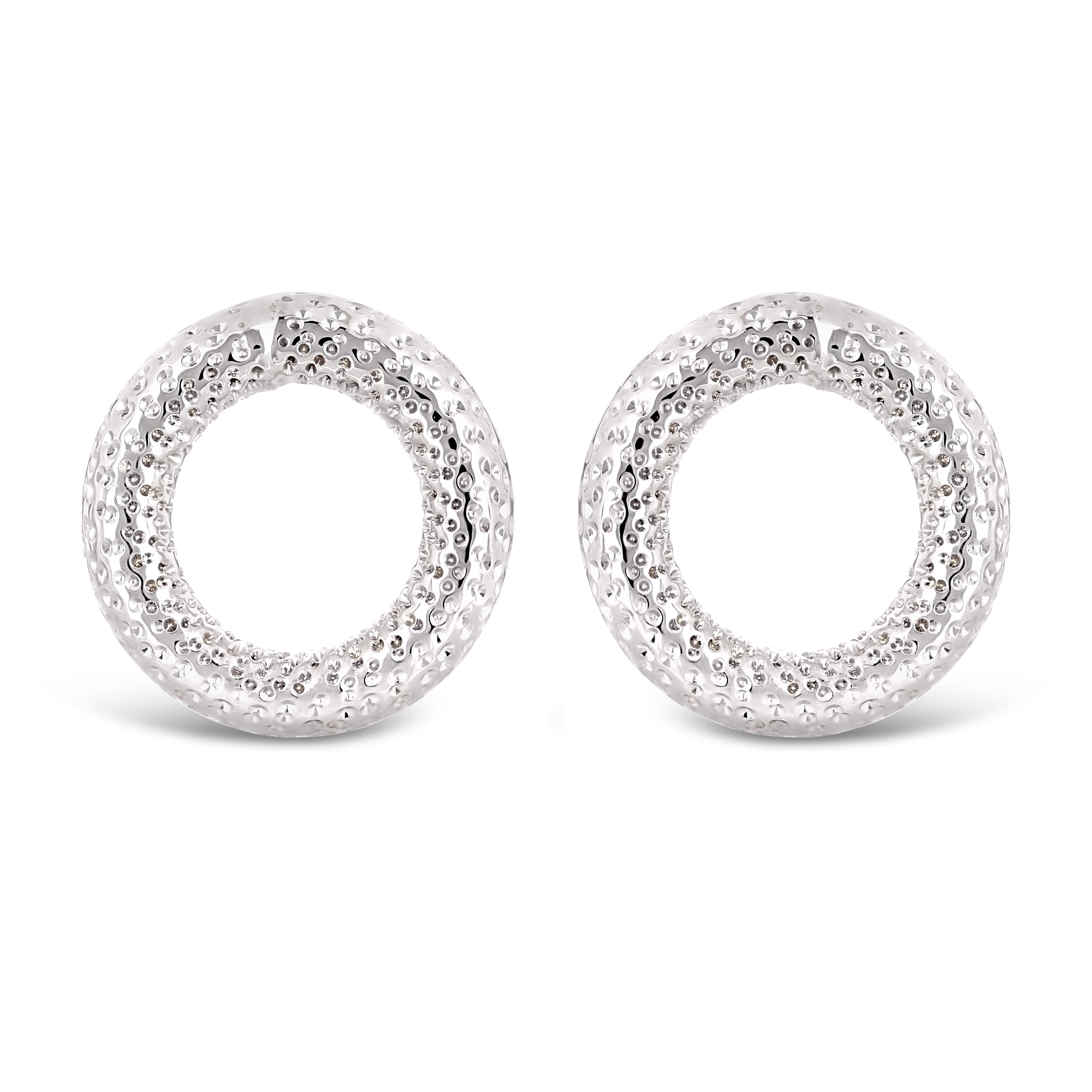 Italian 14k White Gold Modern Textured Hollow Tube Eternity Circle Stud Earring - Modern Textured