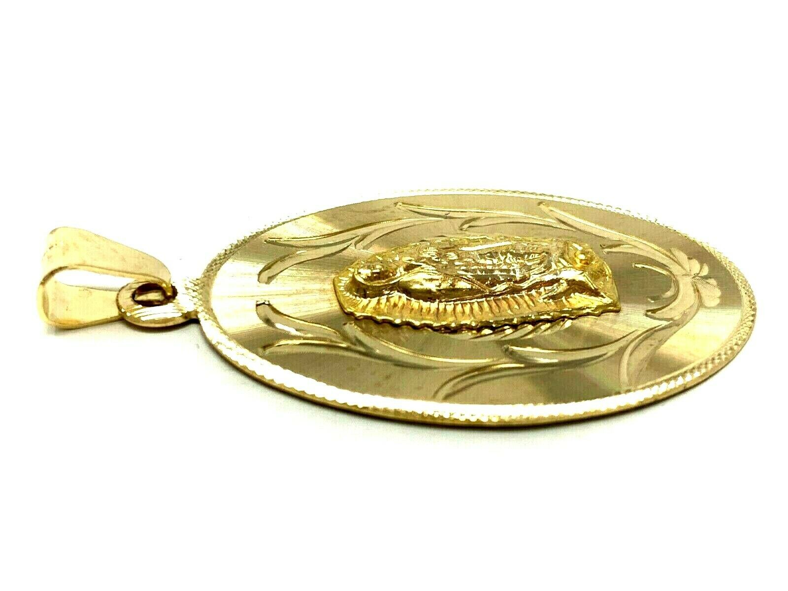 14K Yellow Gold Virgin Mary Guadalupe Pendant Medal Charm 2.2" 10.6 grams