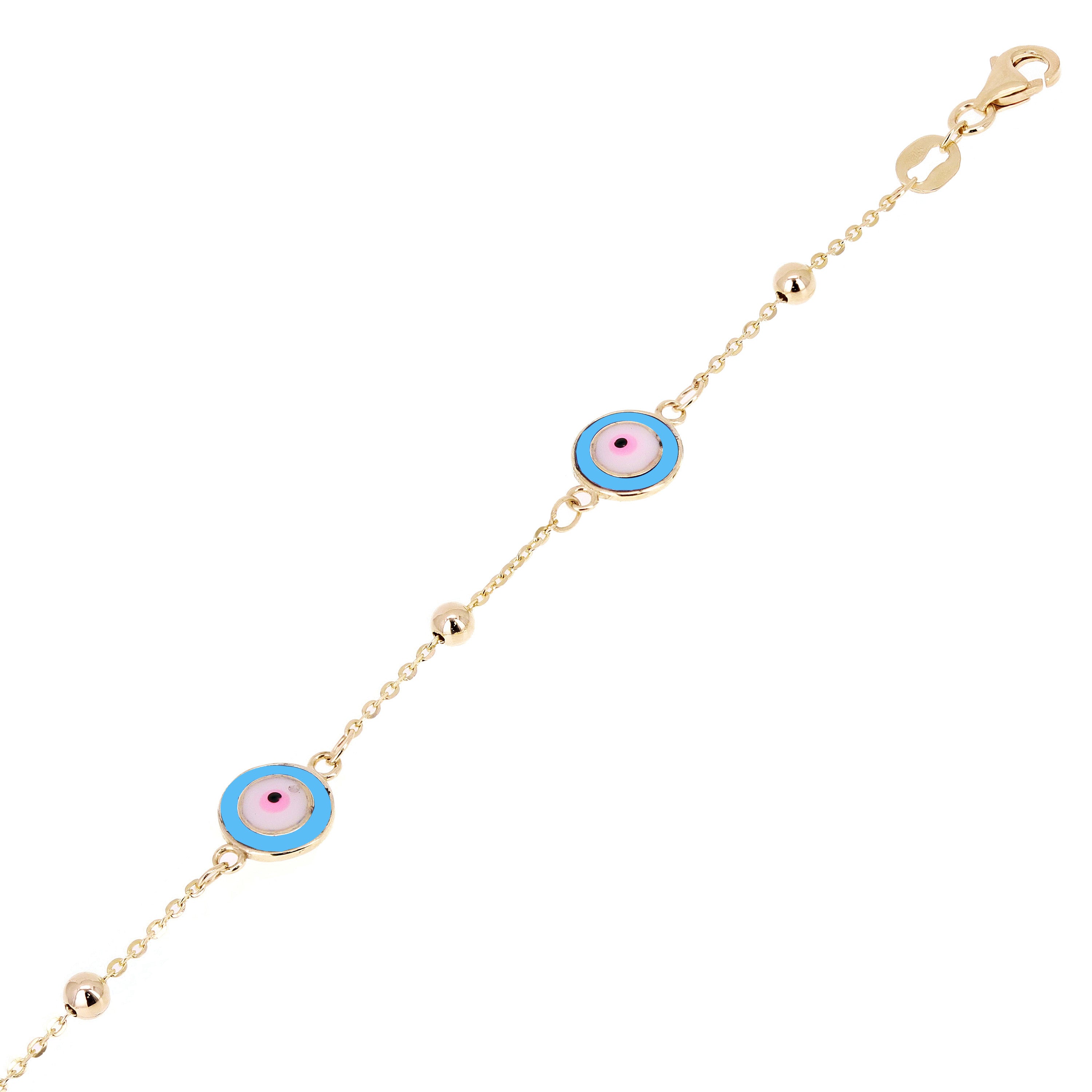 Italian 14k Yellow Gold Evil Eye Station Charm Bracelet 8" 7.8mm 2.5 grams