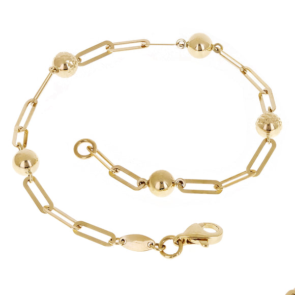 Italian 14k Yellow Gold Paper Clip & Ball Bead Station Bracelet 7
