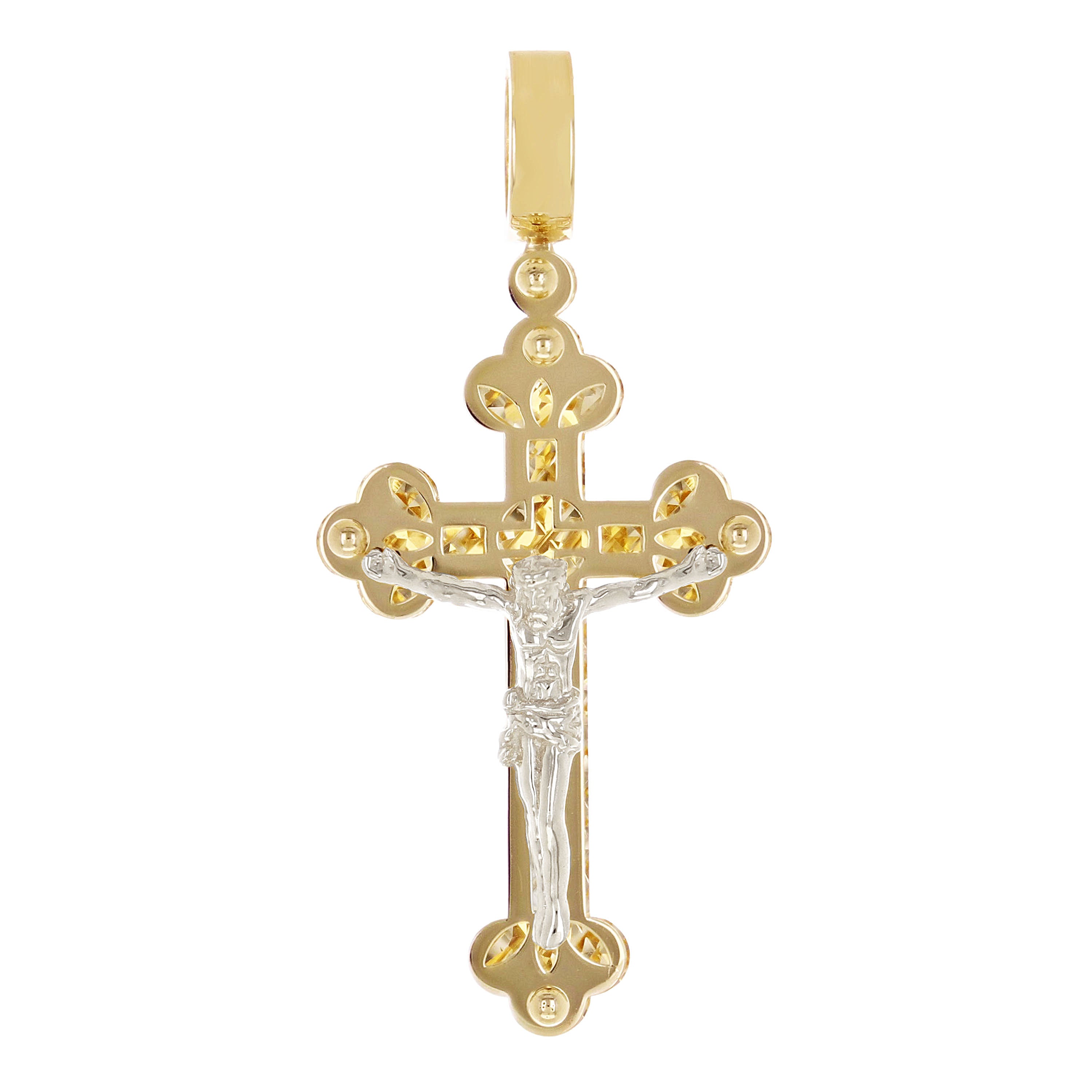 Italian 14k Two-Tone Gold 3D Double Sided Crucifix Cross Charm Pendant 1.6" 3.5g