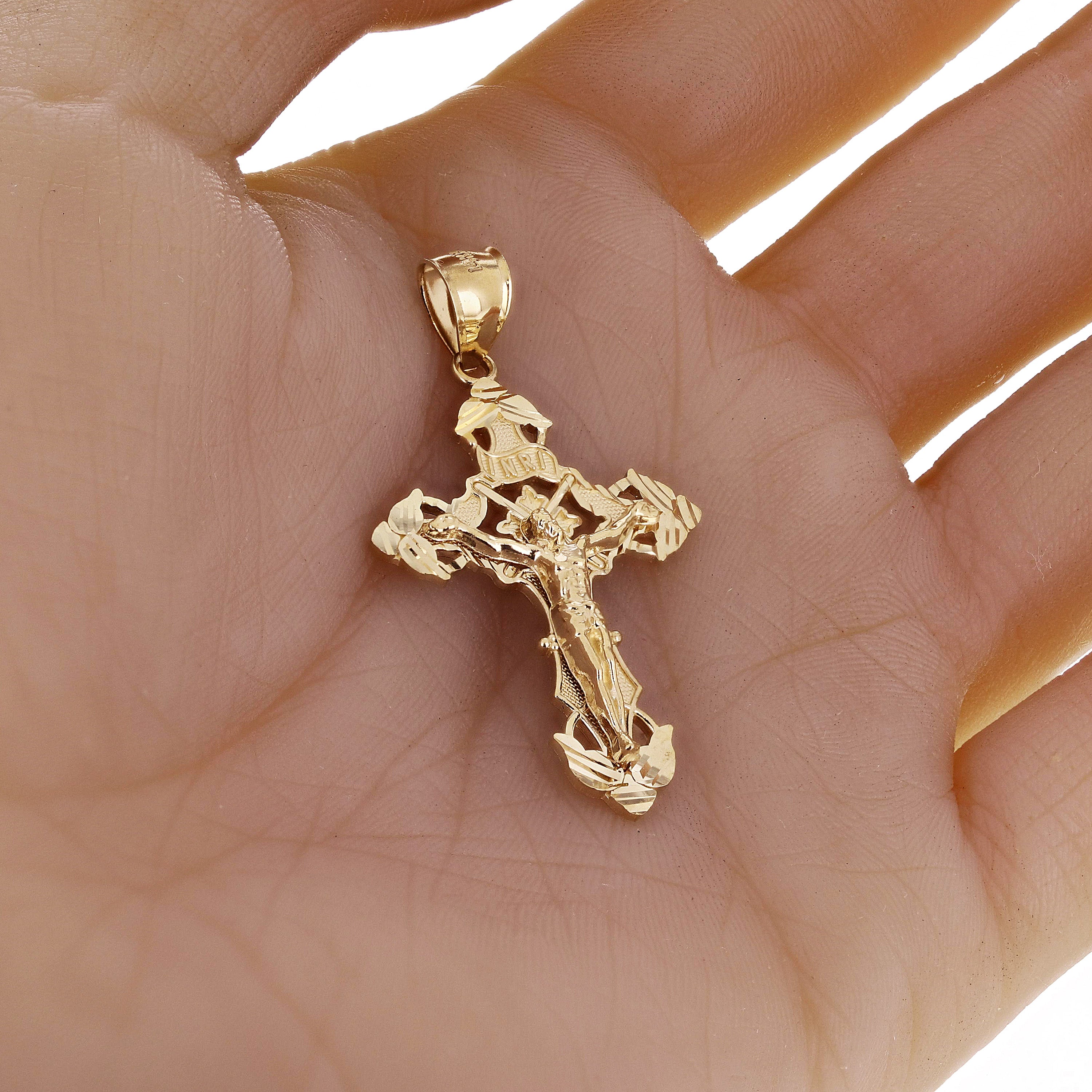 14k Yellow Gold INRI Christ Passion Cross Crucifix Charm Pendant 1.8" 4.5 grams