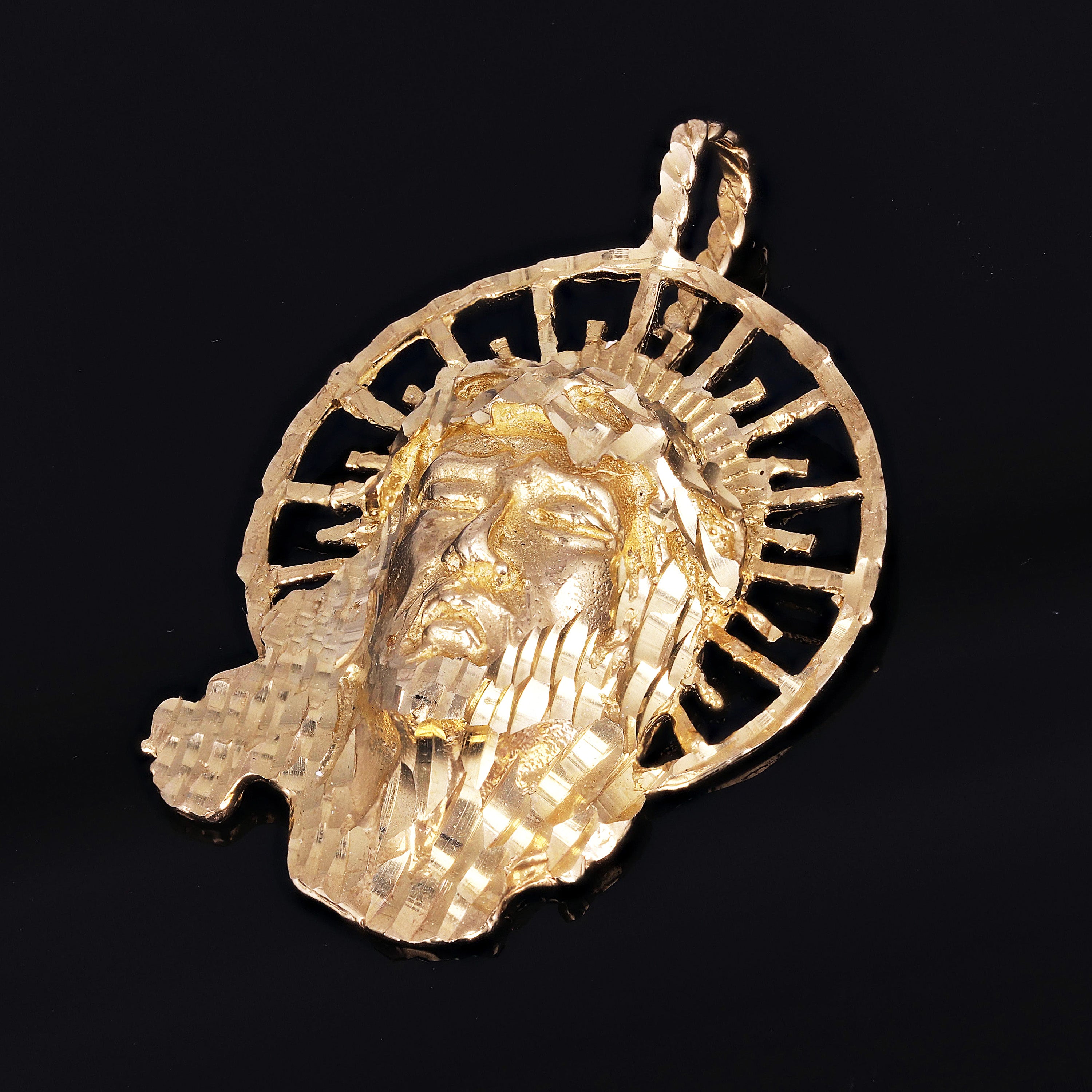 10k Yellow Gold Diamond Cut Jesus Christ Face Religious Charm Pendant 2.1" 14.7g - Yellow