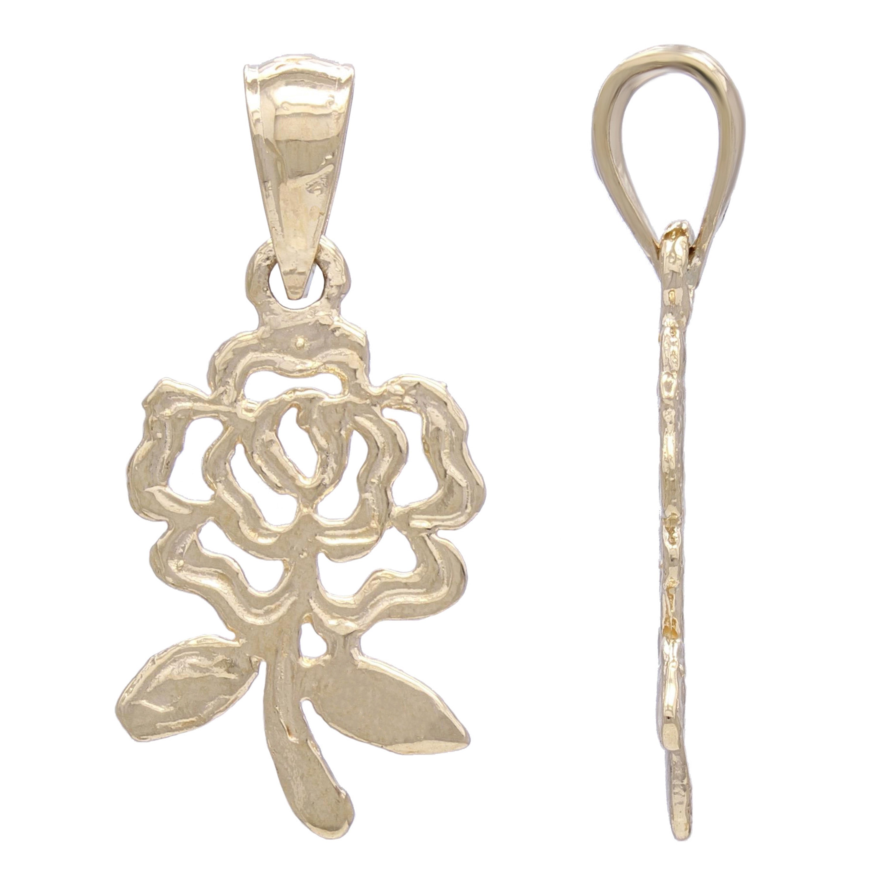 14k Yellow Gold Solid Diamond Cut Rose Flower Charm Pendant 1.1 grams - Yellow