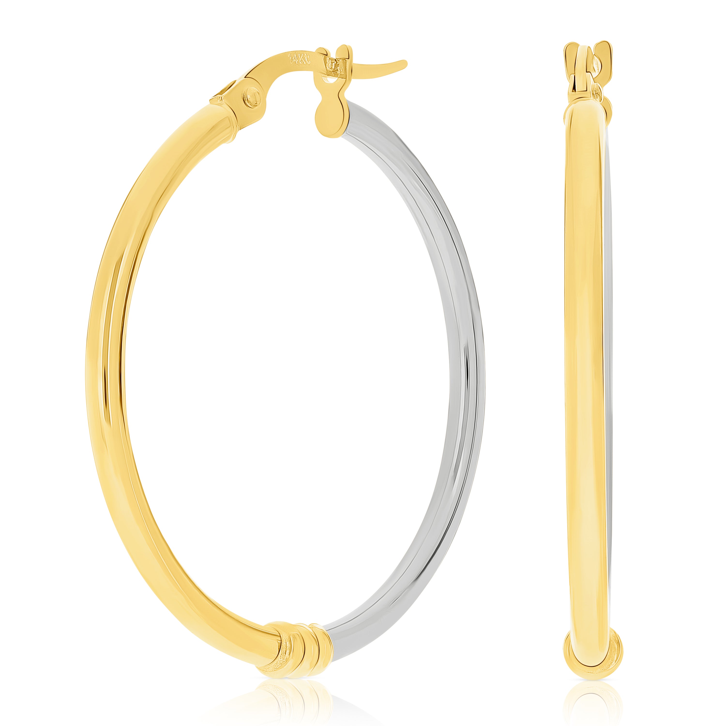 Italian 14k Yellow & White Gold Polished Hollow Large Hoop Earrings 1.2" 1.7gram