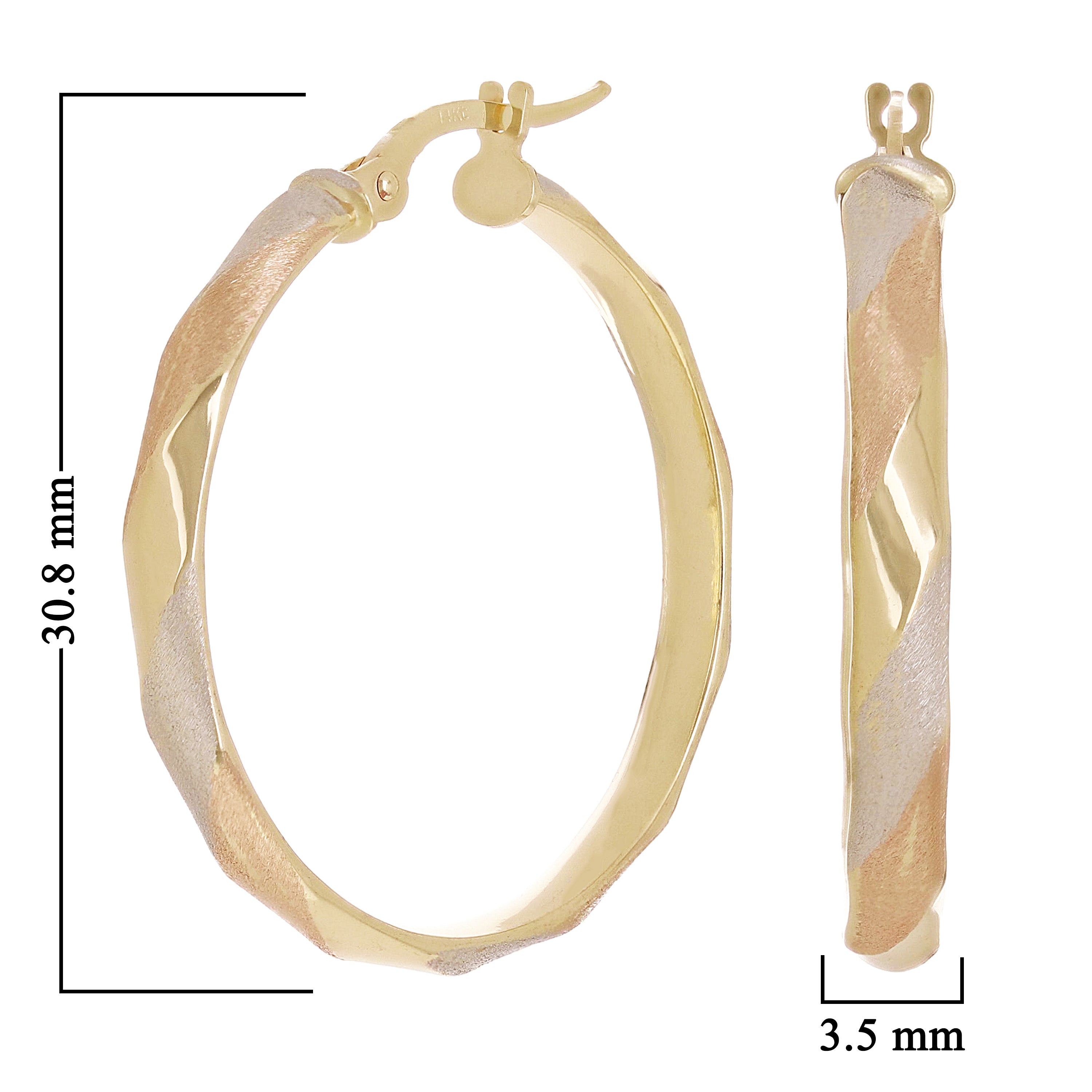 Italian 14k Tri-Color Gold Satin Twisted Hoop Earrings 1.2" 3.5mm 2.4 grams
