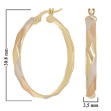 Italian 14k Tri-Color Gold Satin Twisted Hoop Earrings 1.2" 3.5mm 2.4 grams