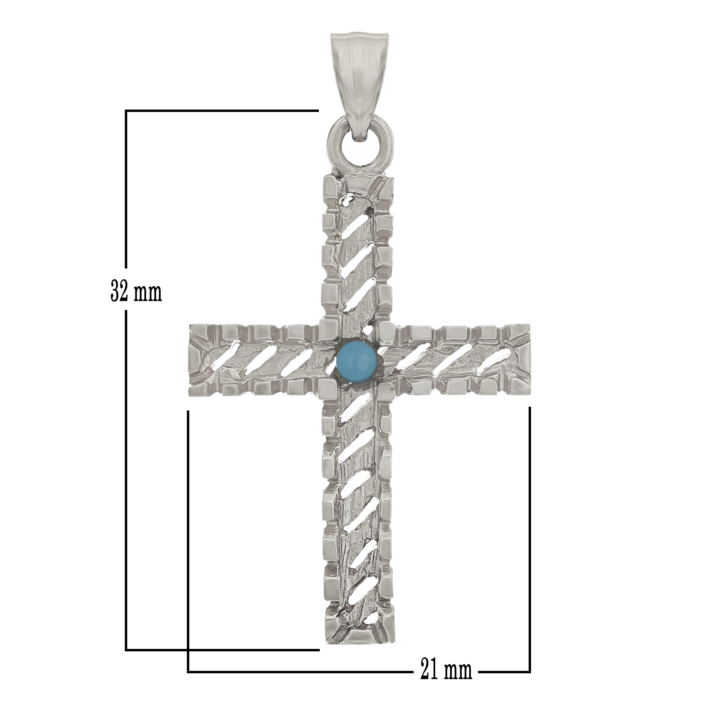 14k White Gold Turquoise Diamond Cut Cross Charm Pendant 1.45" 3.3 grams - White