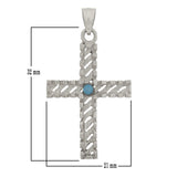 14k White Gold Turquoise Diamond Cut Cross Charm Pendant 1.45" 3.3 grams - White