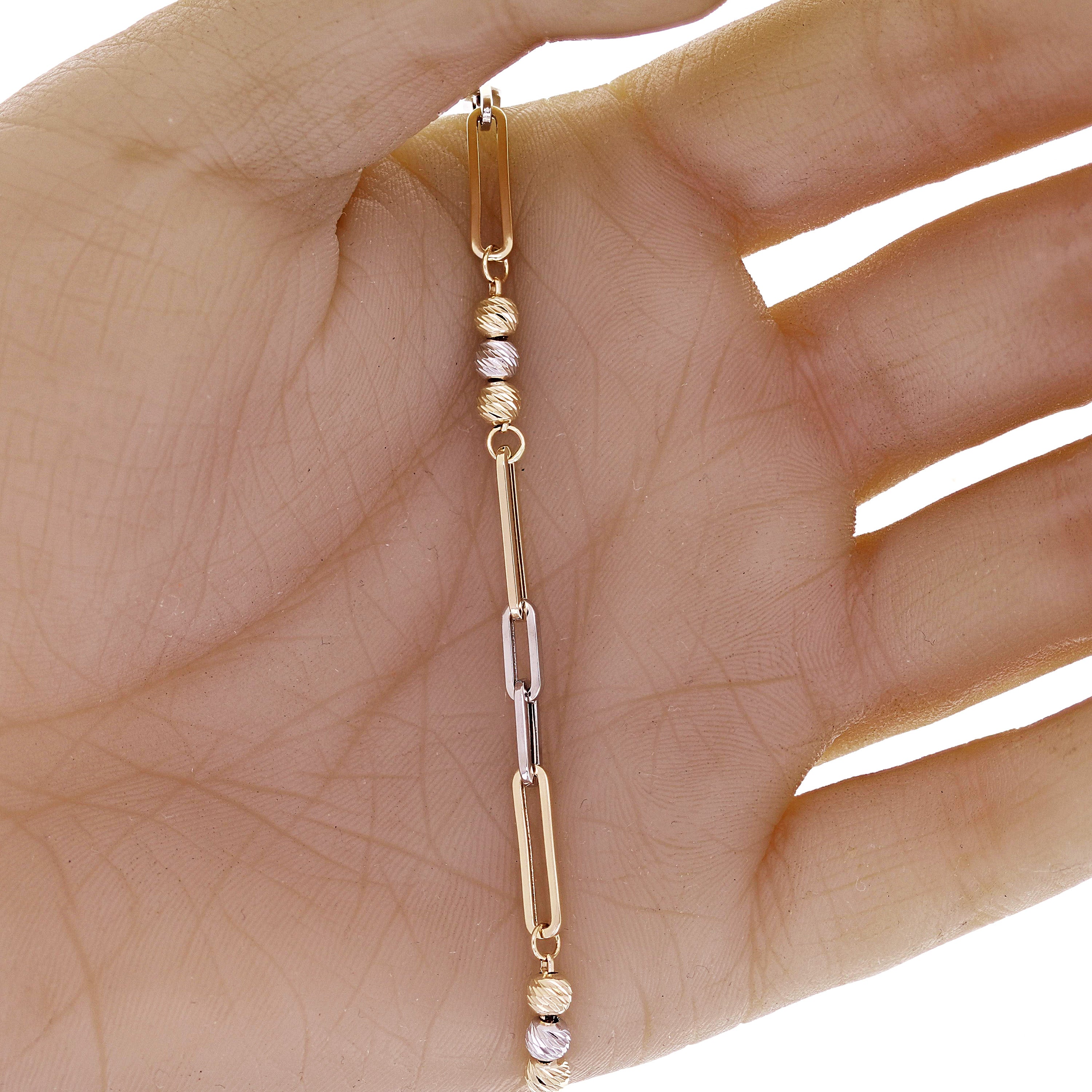 Italian 14k Two Tone Gold Ball Bead & Paper Clip Link Bracelet 7.5" 3.1 grams
