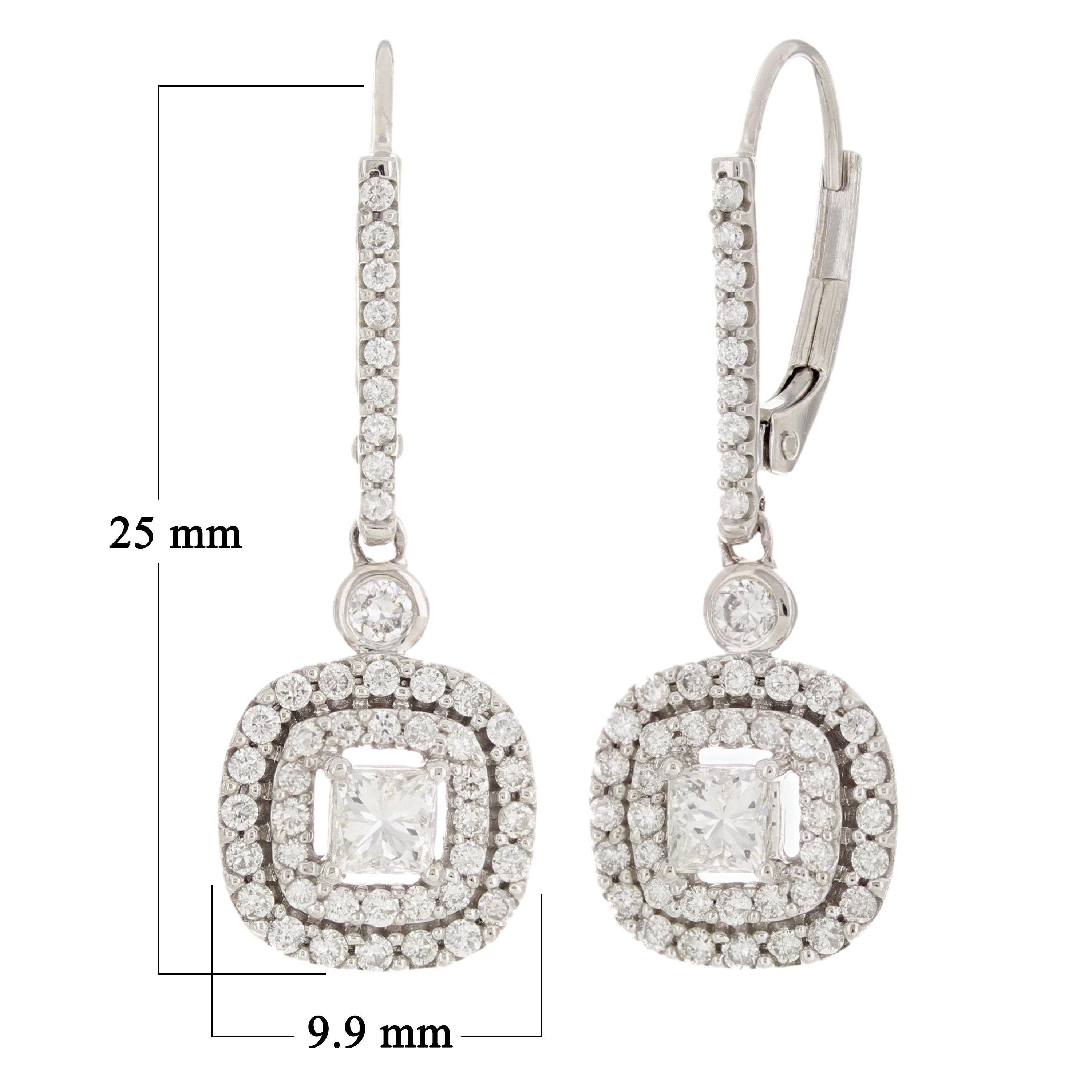 10k White Gold Double Halo Diamond Lever Back Drop Dangle Earrings 1.00CT