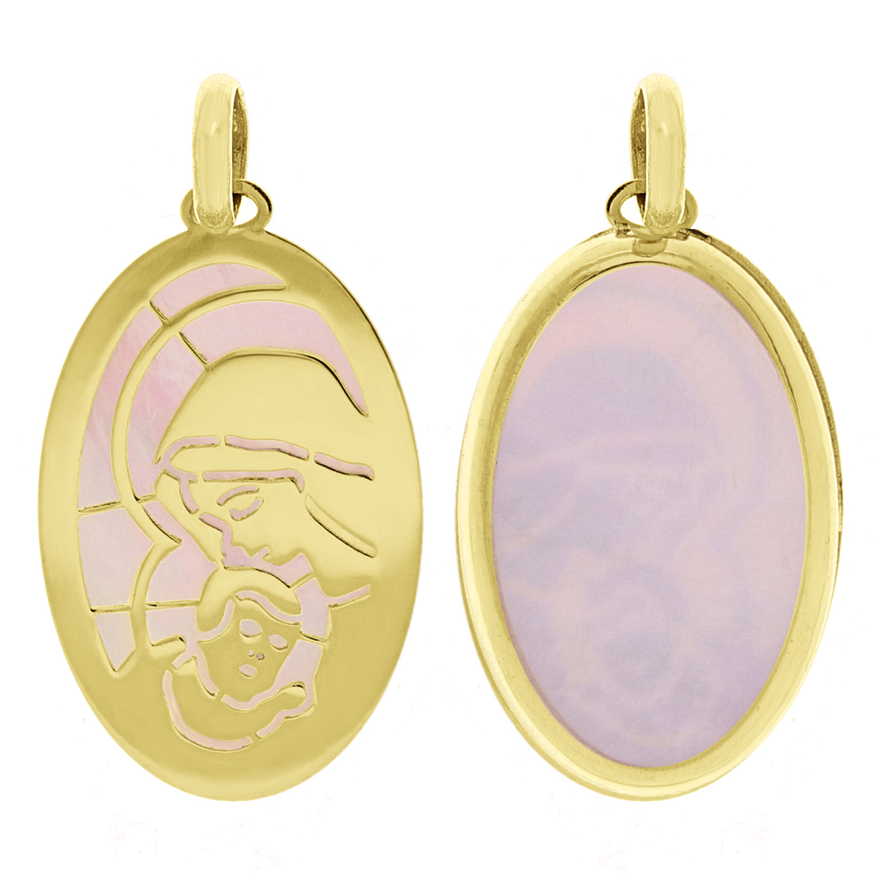 Italian 14k Yellow Gold Mother of Pearl Mother Mary & Baby Jesus Charm Pendant