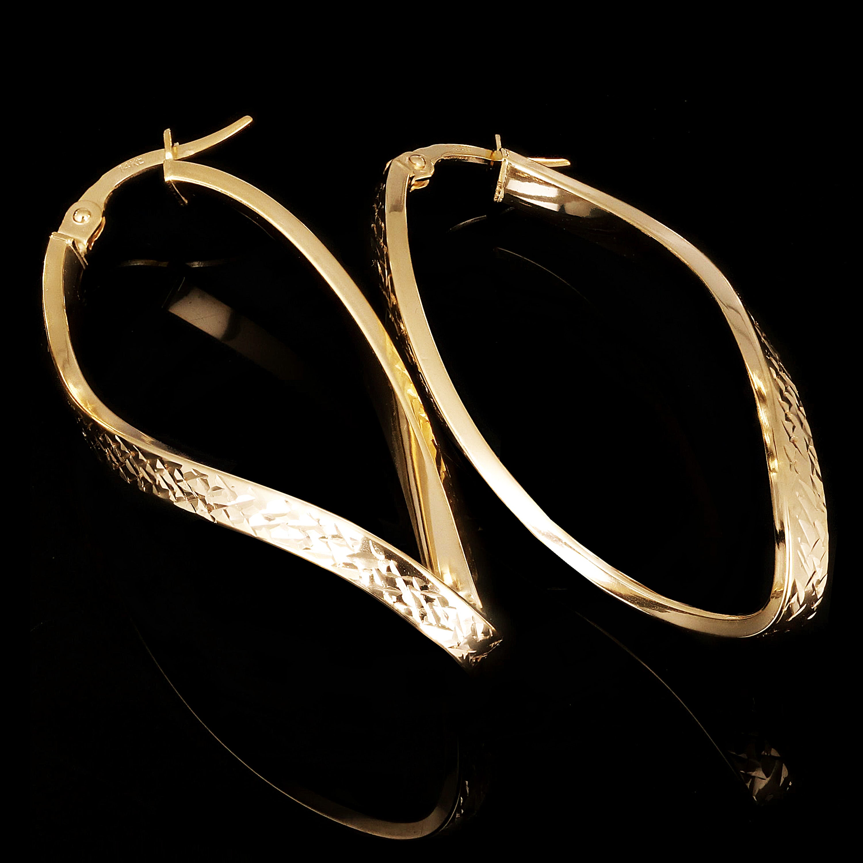 Italian 14k Yellow Gold Diamond Cut Twisted Oval Hoop Earrings 1.7" 14.5mm 2.5g