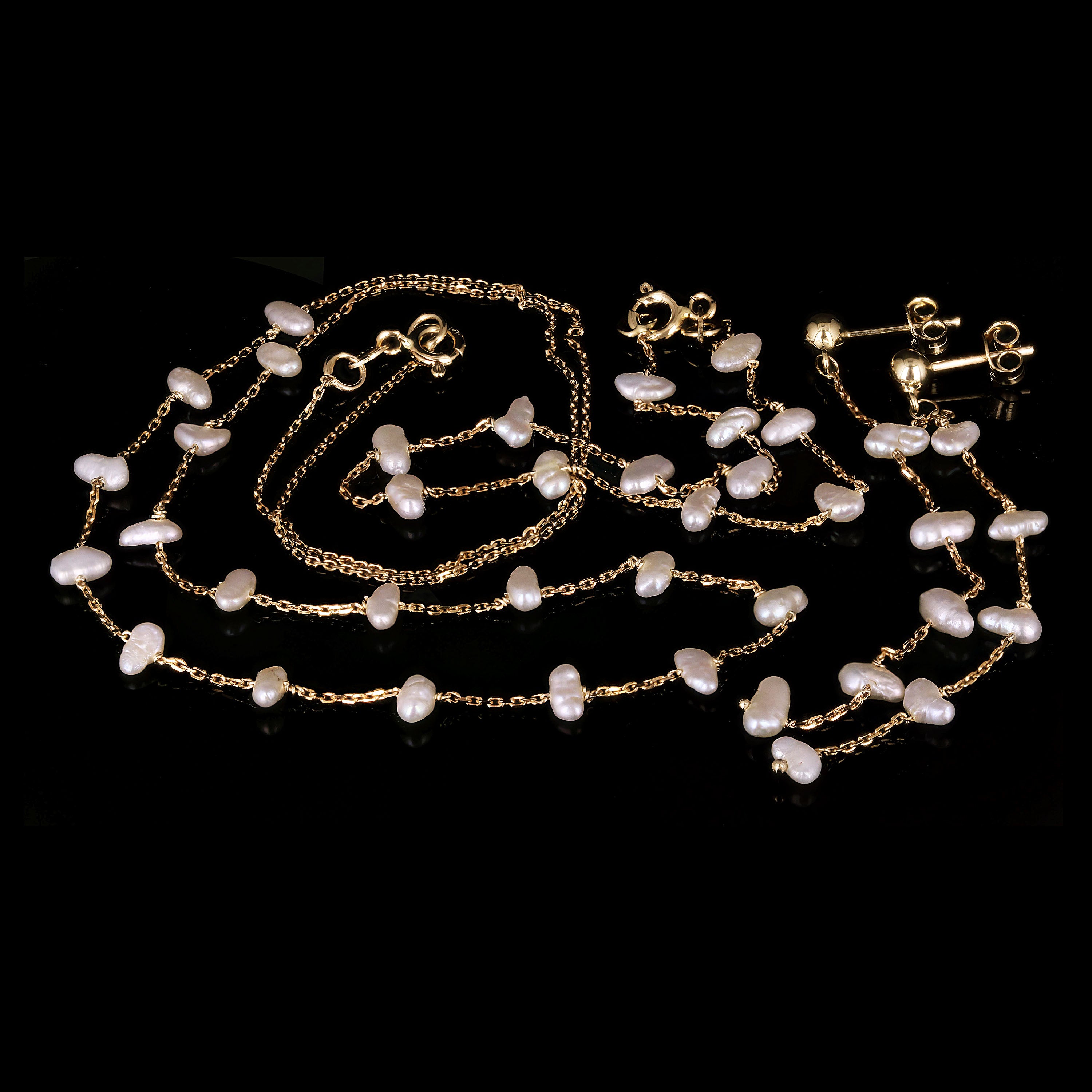 14k Yellow Gold Water Pearl Jewelry Set 17" Necklace 7" Bracelet & Earrings 2.5"