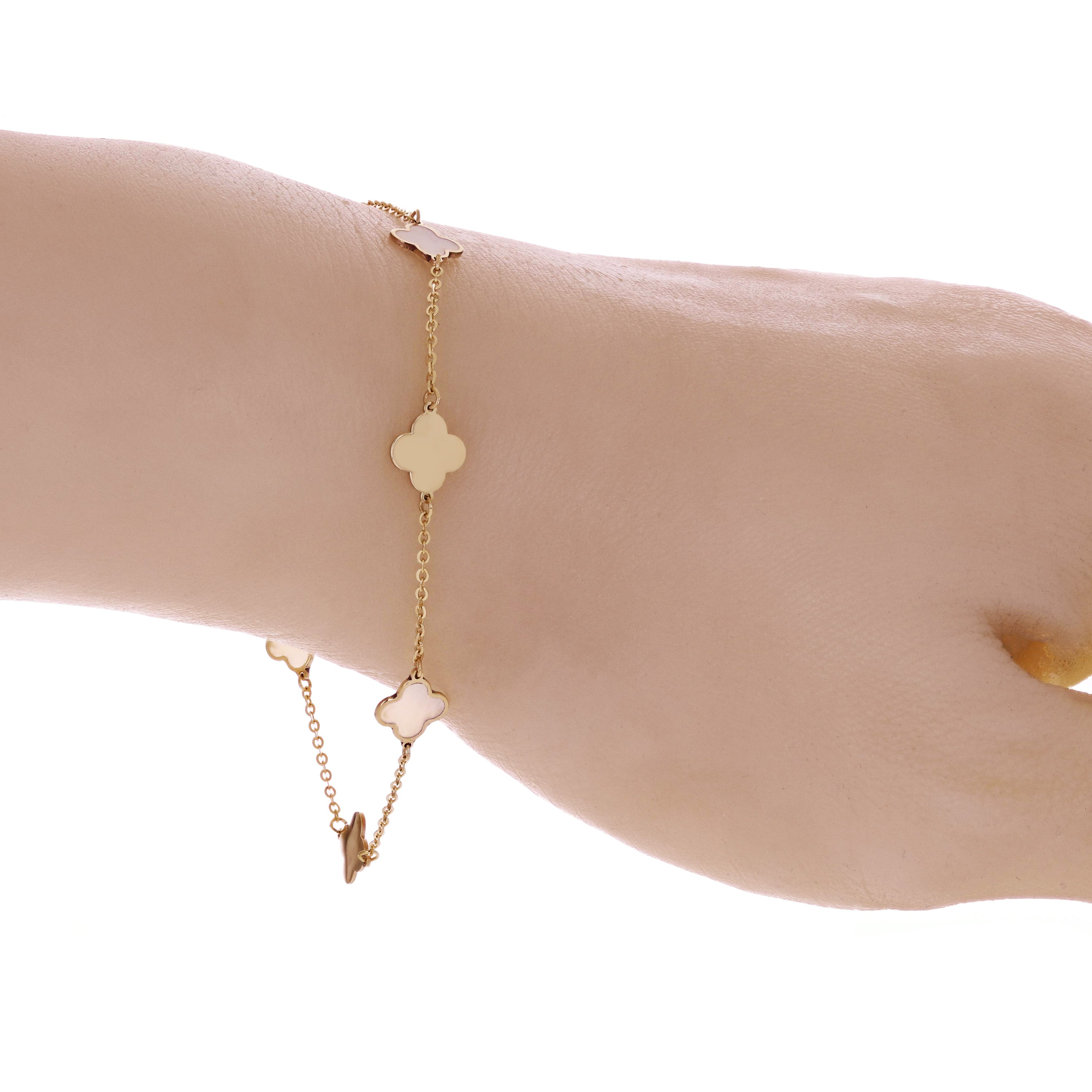 Italian 14k Yellow Gold Pearl Clover Leaf Station Bracelet 7" 7.3mm 1.6 grams