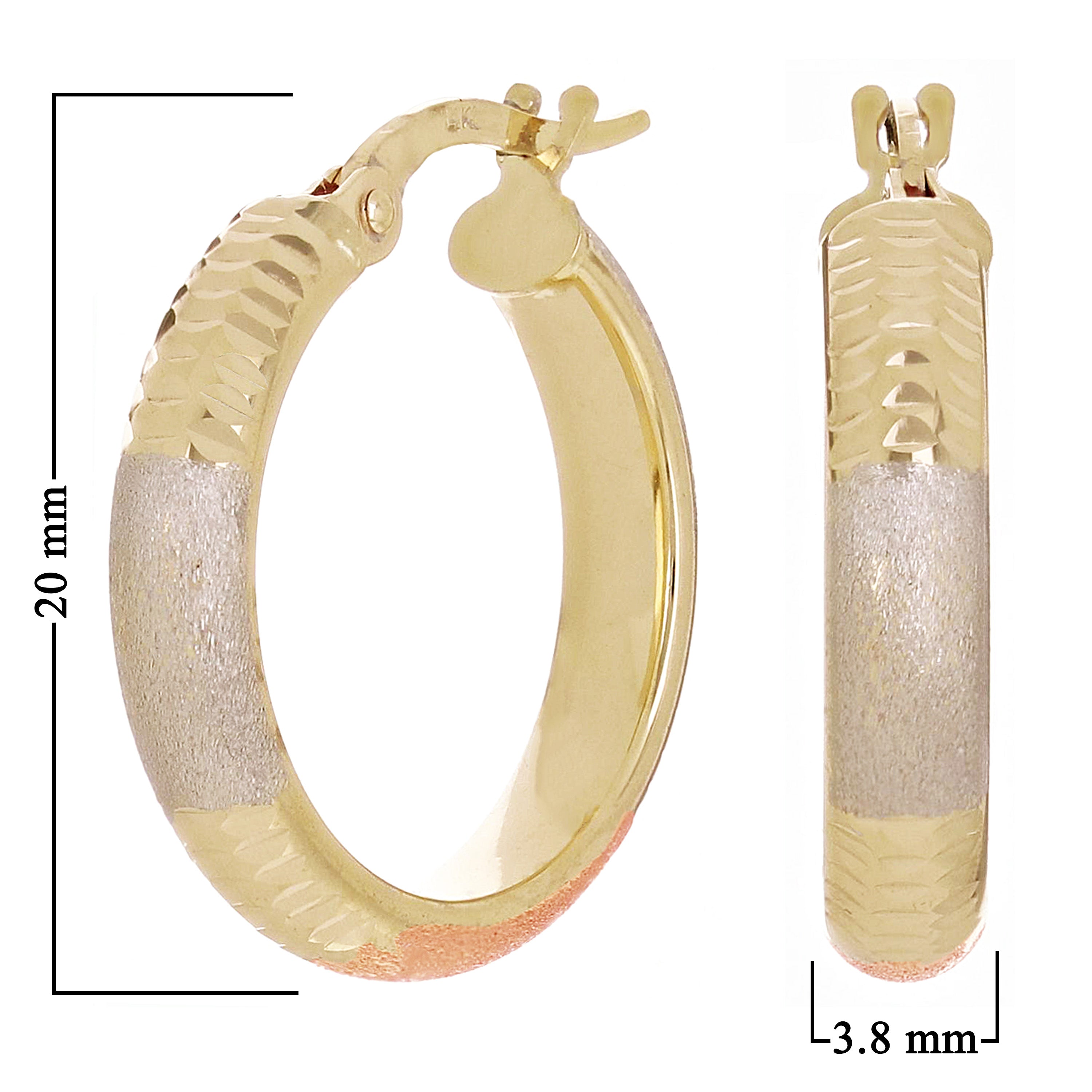 Italian 14k Tri-Color Gold Satin & Diamond Cut Hoop Earrings 20mmx3.8mm 2 grams