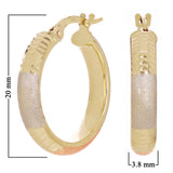 Italian 14k Tri-Color Gold Satin & Diamond Cut Hoop Earrings 20mmx3.8mm 2 grams