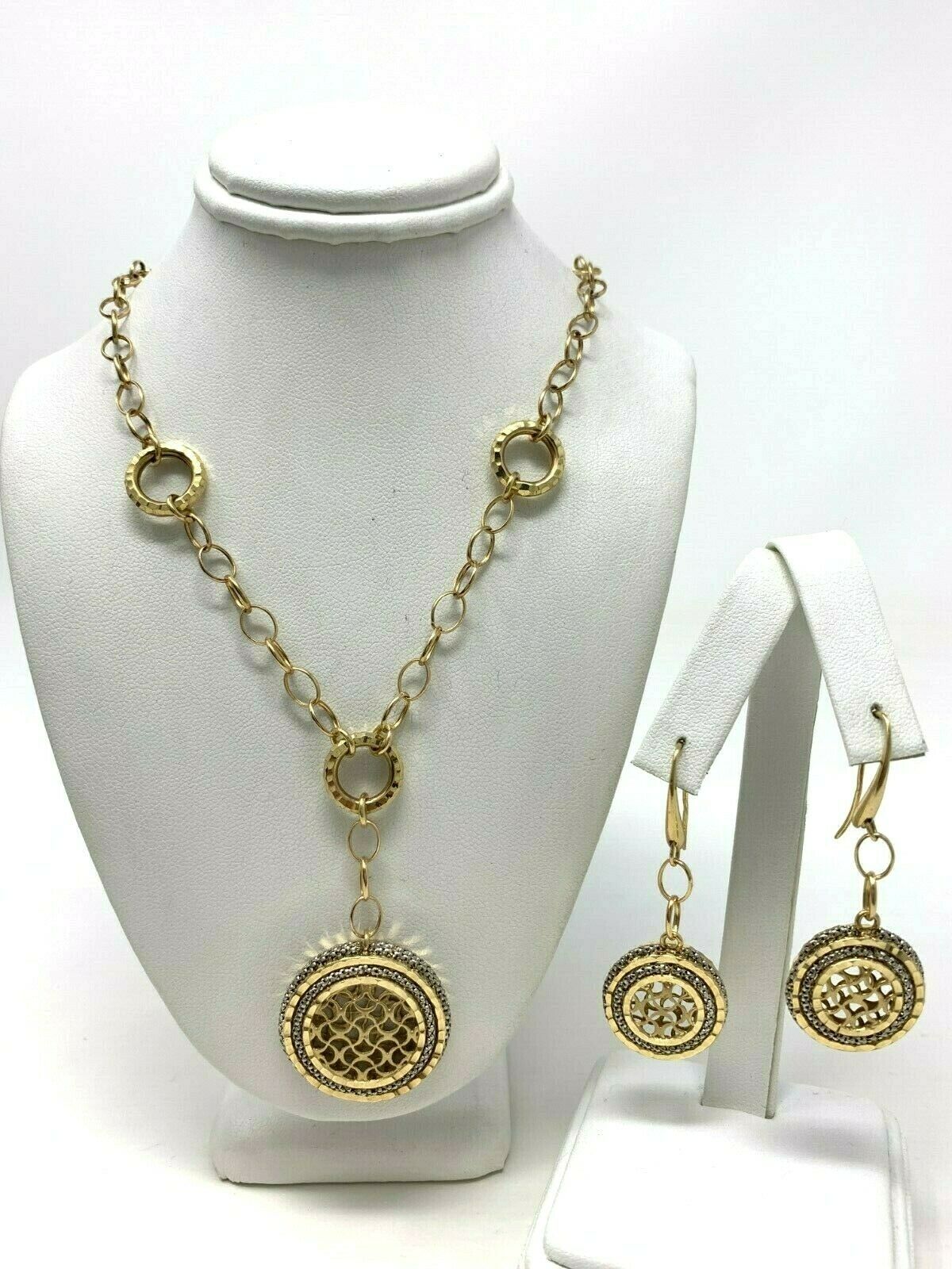 Italian 14k Gold Woven Design Round Dangle Earrings and Pendant Necklace Set