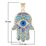 Italian 14k Yellow Gold Blue Enamel Hamsa Hand Charm Pendant 29mmx16.8mm 0.8g - Large