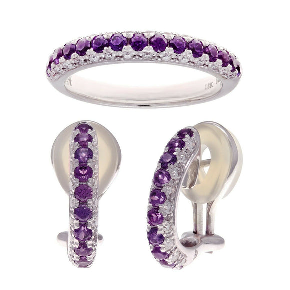 18k White Gold Natural Diamond & Amethyst Hoop Earrings & Ring Size7 Jewelry Set