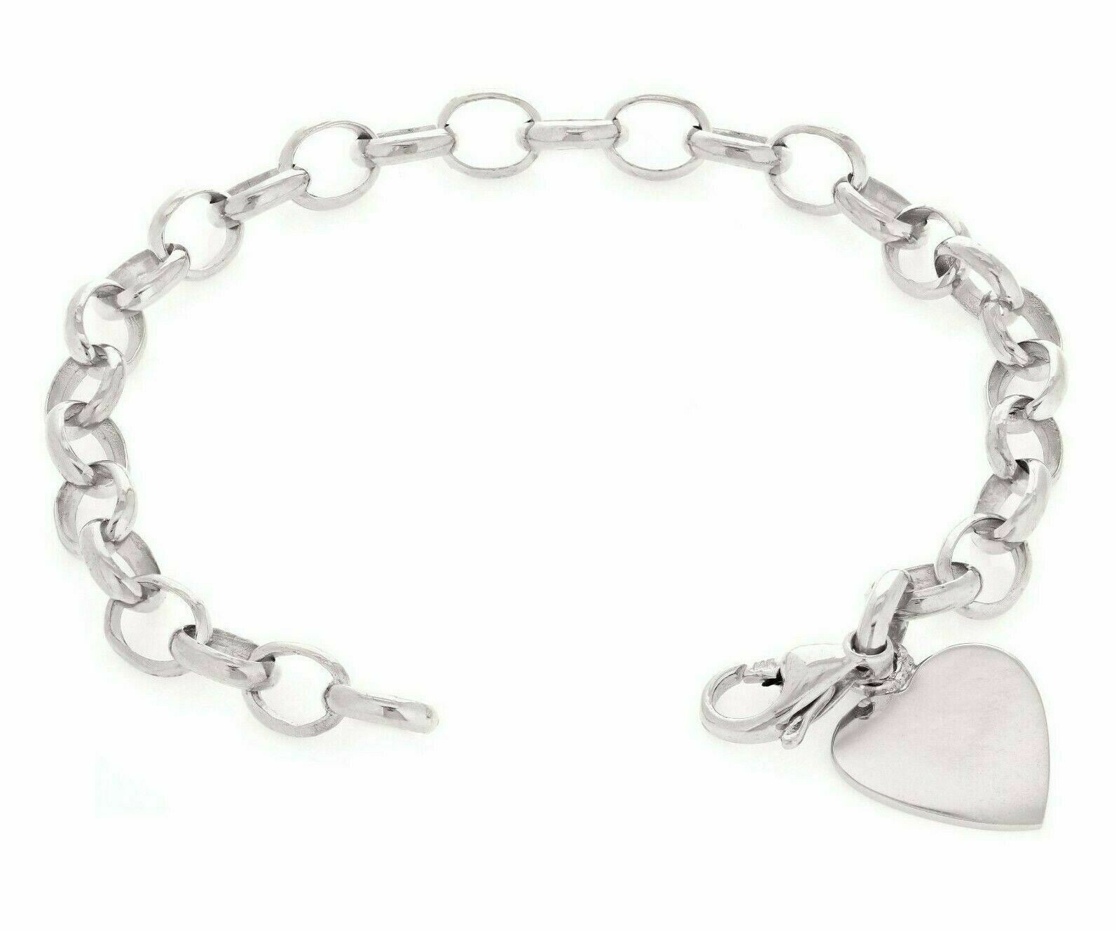 14k White Gold Oval Rolo Link Heart Charm Bracelet 8.5" 19 grams