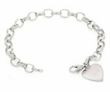 14k White Gold Oval Rolo Link Heart Charm Bracelet 8.5" 19 grams