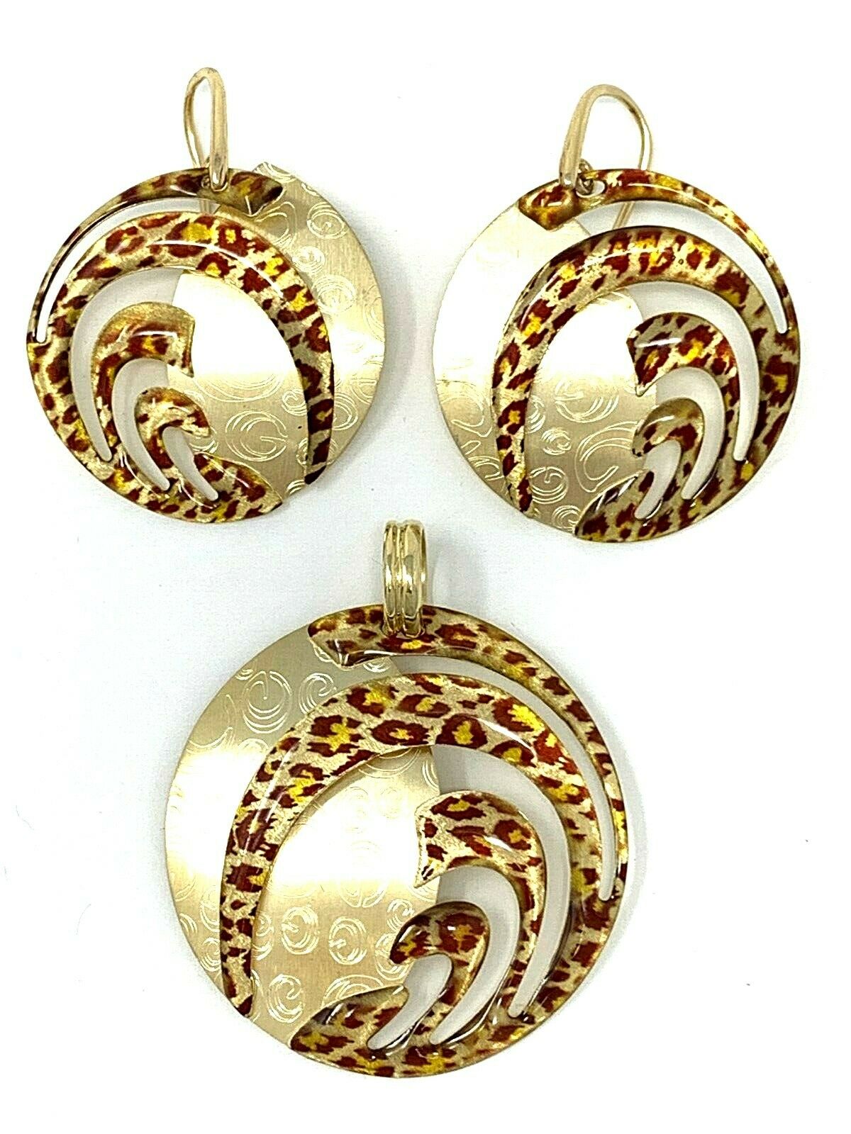 Italian 14k Yellow Gold Enamel Animal Print Round Earrings and Pendant Set 20g