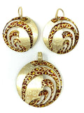Italian 14k Yellow Gold Enamel Animal Print Round Earrings and Pendant Set 20g