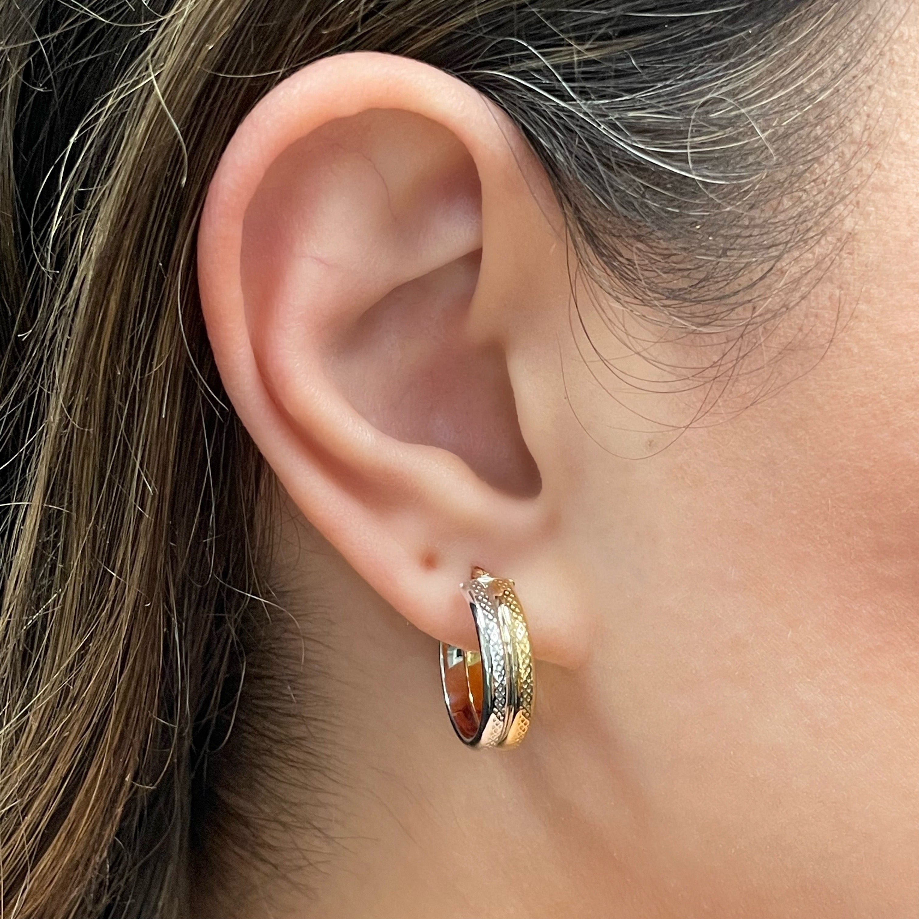 Italian 14k Yellow & White Gold Waffle Snare Design Double Hollow Hoop Earrings