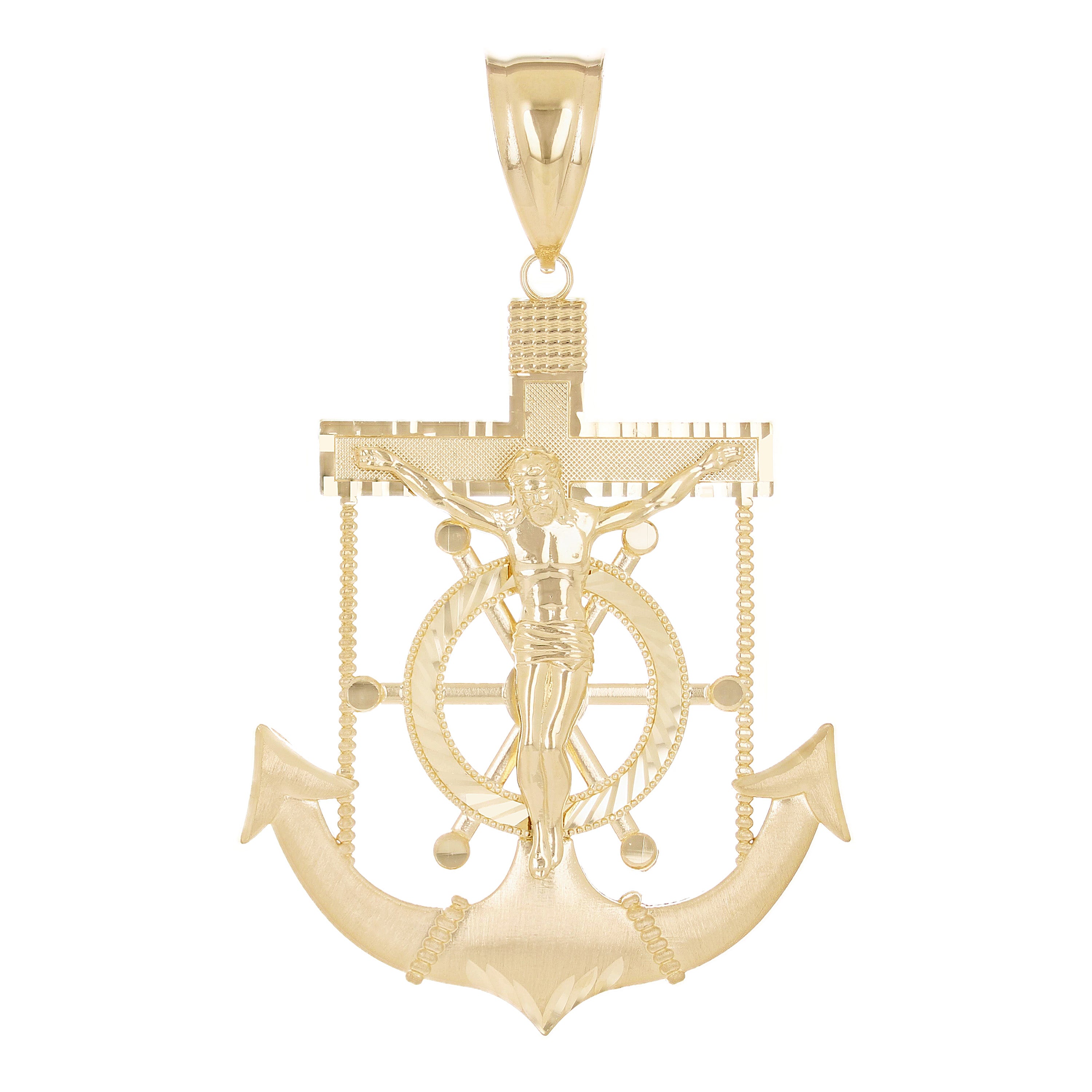 14k Yellow Gold BIG Jesus Christ Cross Anchor Ship Mariners Pendant 3.5" 19.5g